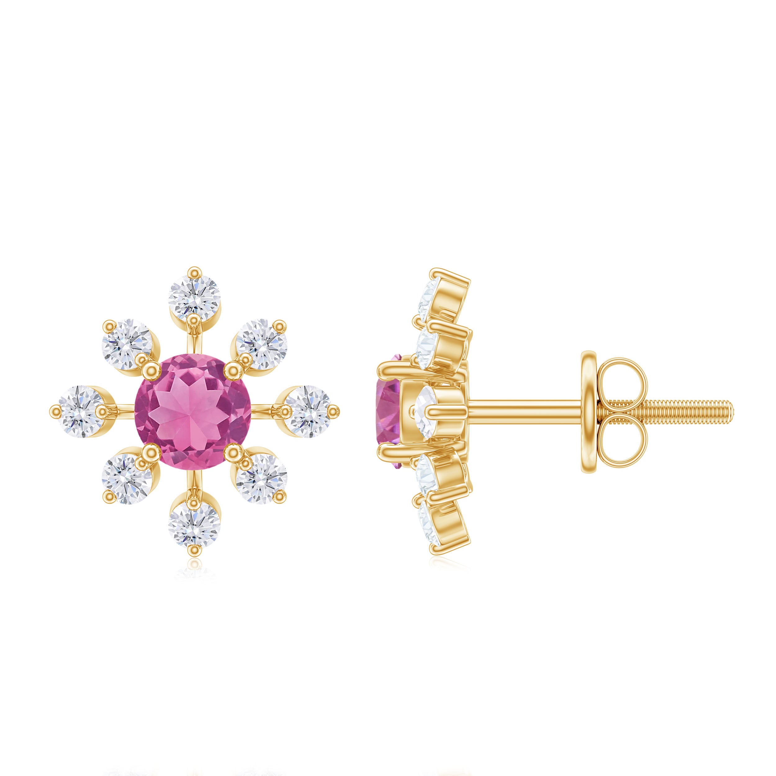 1 CT Pink Tourmaline and Diamond Floral Stud Earrings Pink Tourmaline - ( AAA ) - Quality - Rosec Jewels