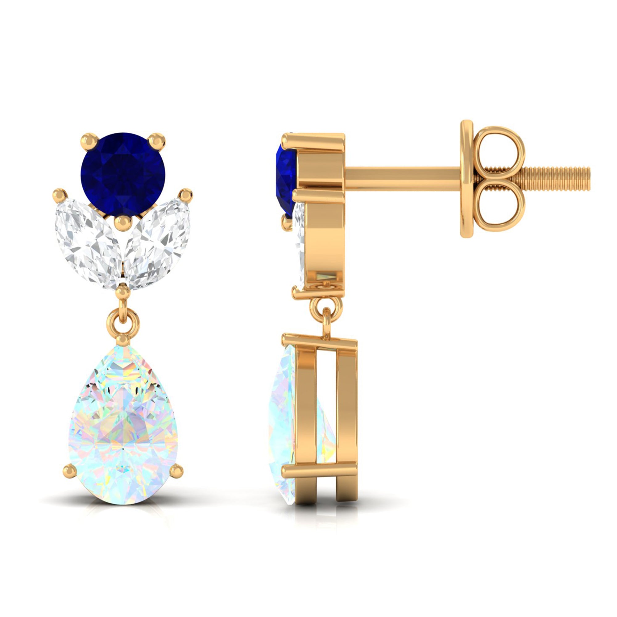 Ethiopian Opal and Blue Sapphire Cocktail Drop Earrings with Moissanite Blue Sapphire - ( AAA ) - Quality - Rosec Jewels