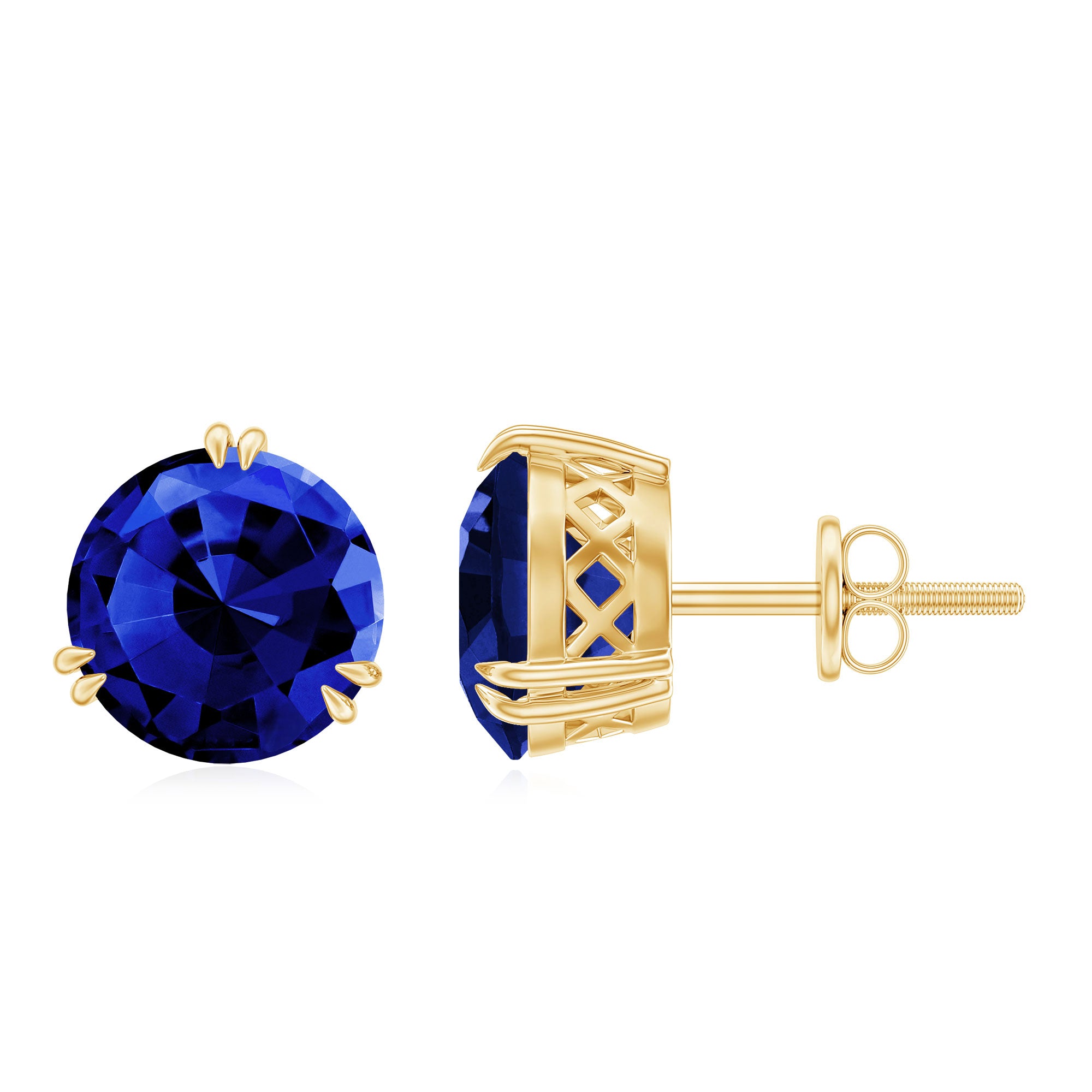 Double Claw Set Round Created Blue Sapphire Solitaire Stud Earrings Lab Created Blue Sapphire - ( AAAA ) - Quality - Rosec Jewels