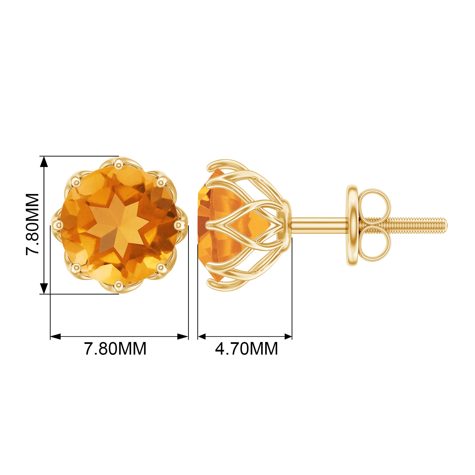 7 MM Decorative Citrine Solitaire Stud Earrings Citrine - ( AAA ) - Quality - Rosec Jewels