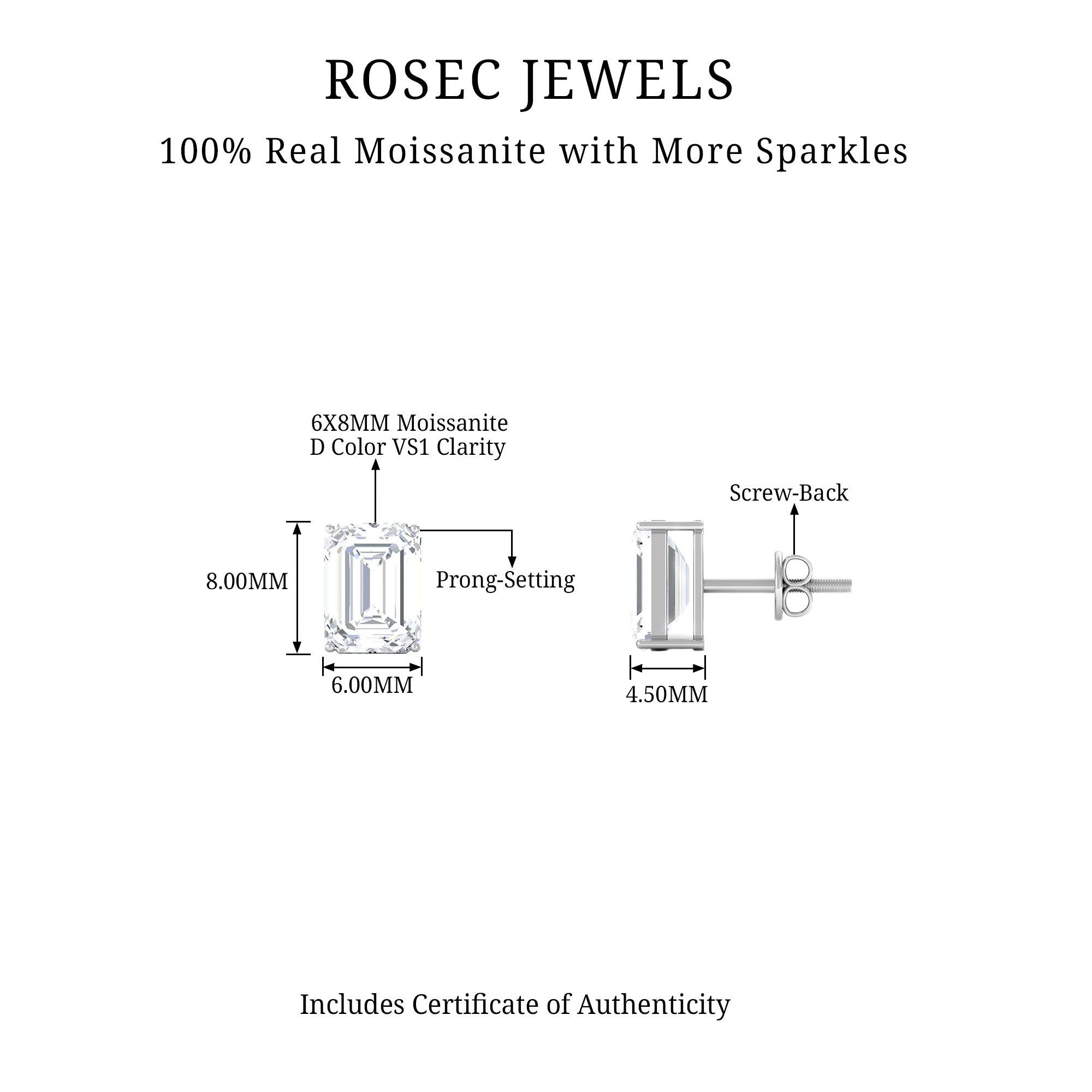 6X8 MM Octagon Shape Moissanite Solitaire Stud Earrings in Silver Moissanite - ( D-VS1 ) - Color and Clarity 92.5 Sterling Silver - Rosec Jewels