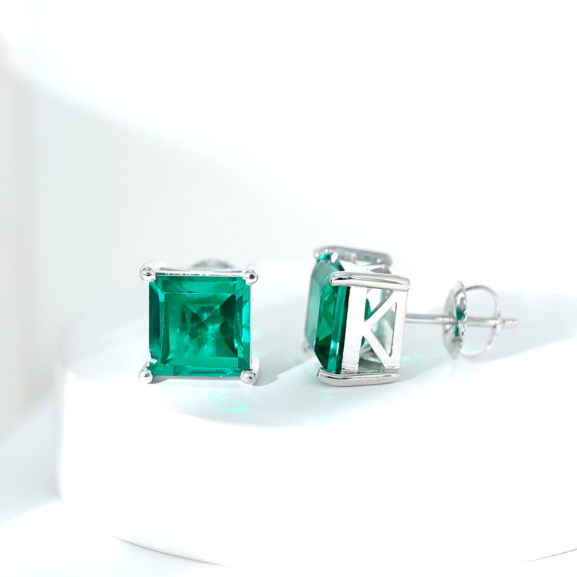 4.75 CT Princess Cut Created Emerald Solitaire Stud Earring in Silver Lab Created Emerald - ( AAAA ) - Quality 92.5 Sterling Silver - Rosec Jewels