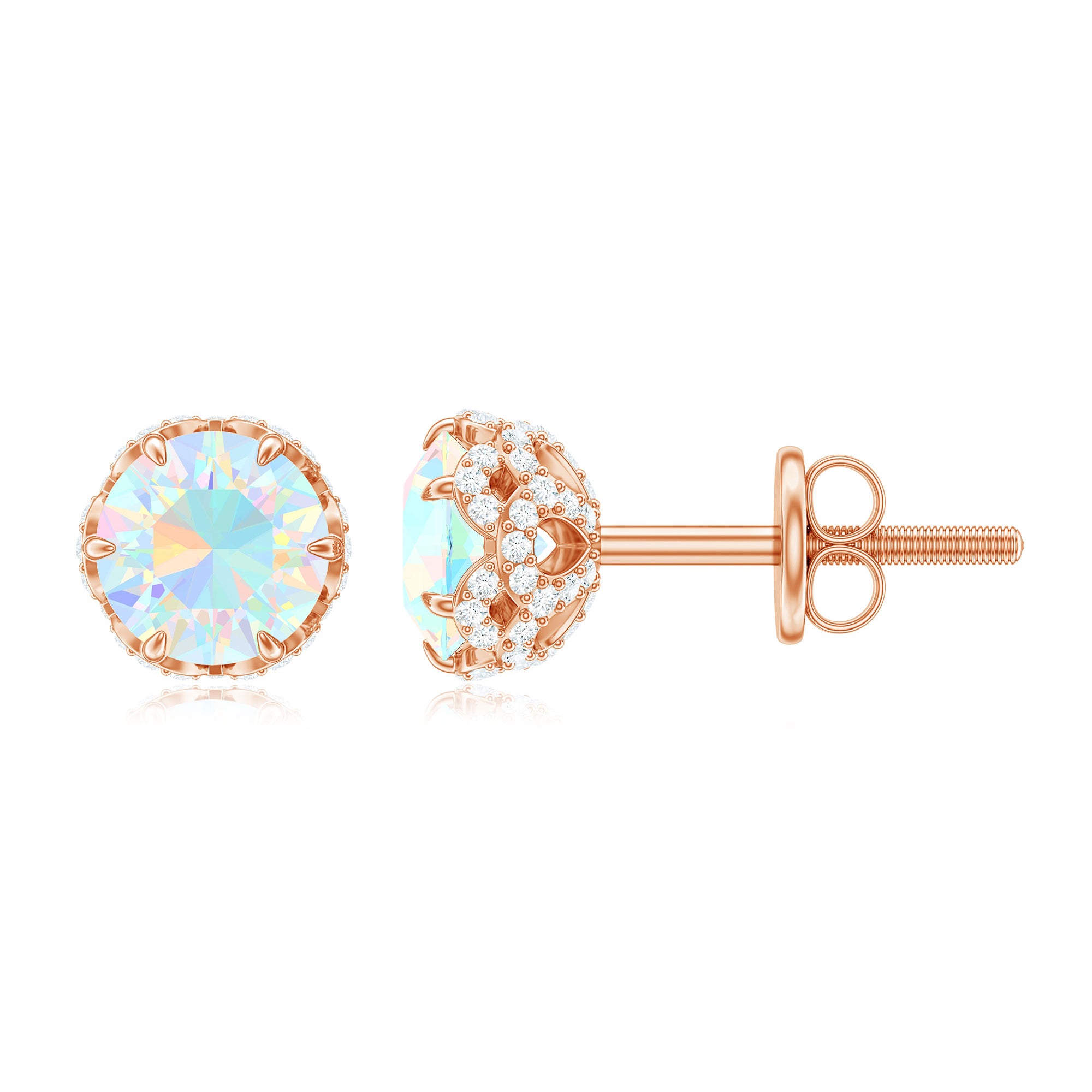 Ethiopian Opal Solitaire Stud Earrings and Diamond Accent Ethiopian Opal - ( AAA ) - Quality - Rosec Jewels