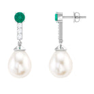 Freshwater Pearl Teardrop Earrings with Moissanite and Emerald Emerald - ( AAA ) - Quality - Rosec Jewels