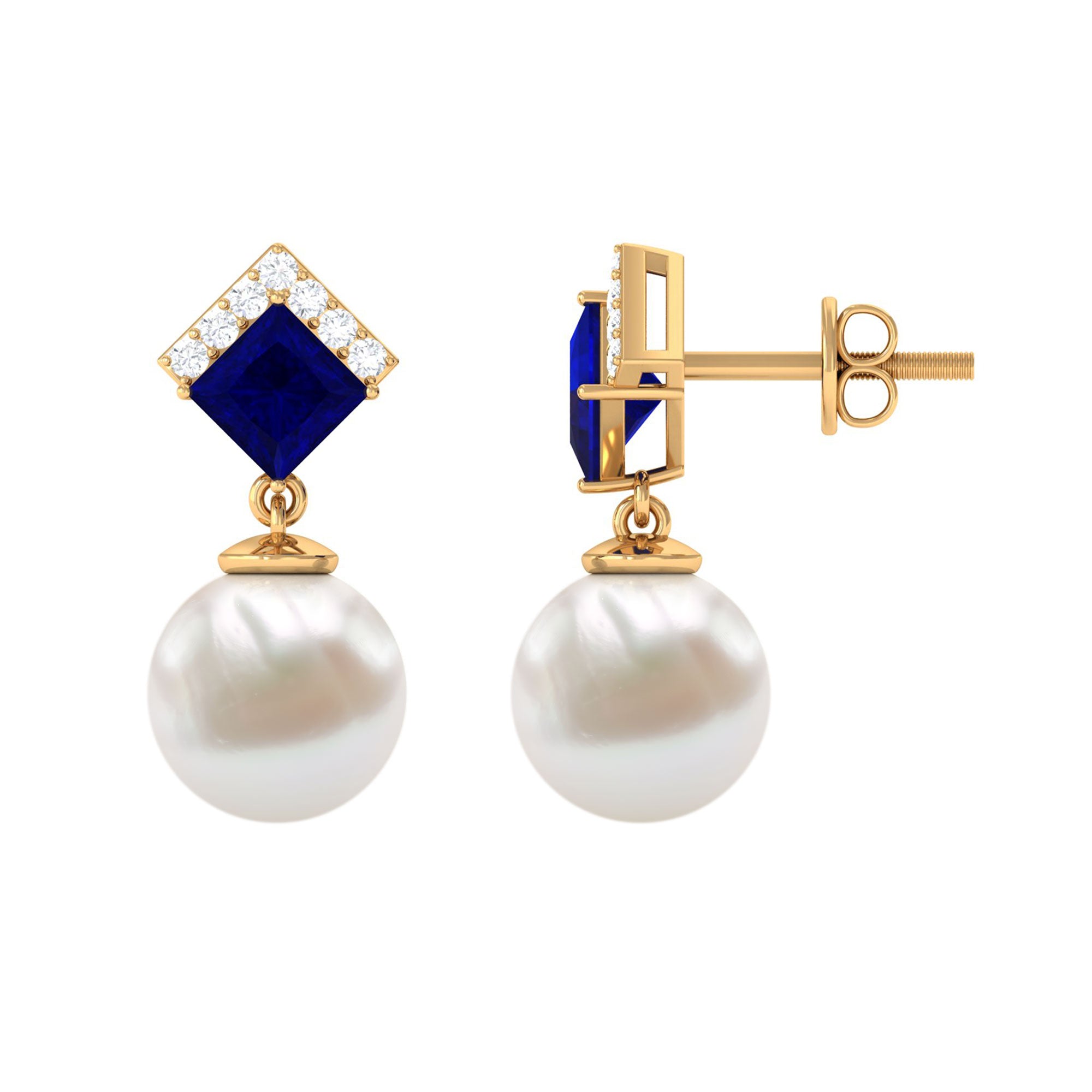 Freshwater Pearl and Blue Sapphire Drop Earrings with Moissanite Blue Sapphire - ( AAA ) - Quality - Rosec Jewels