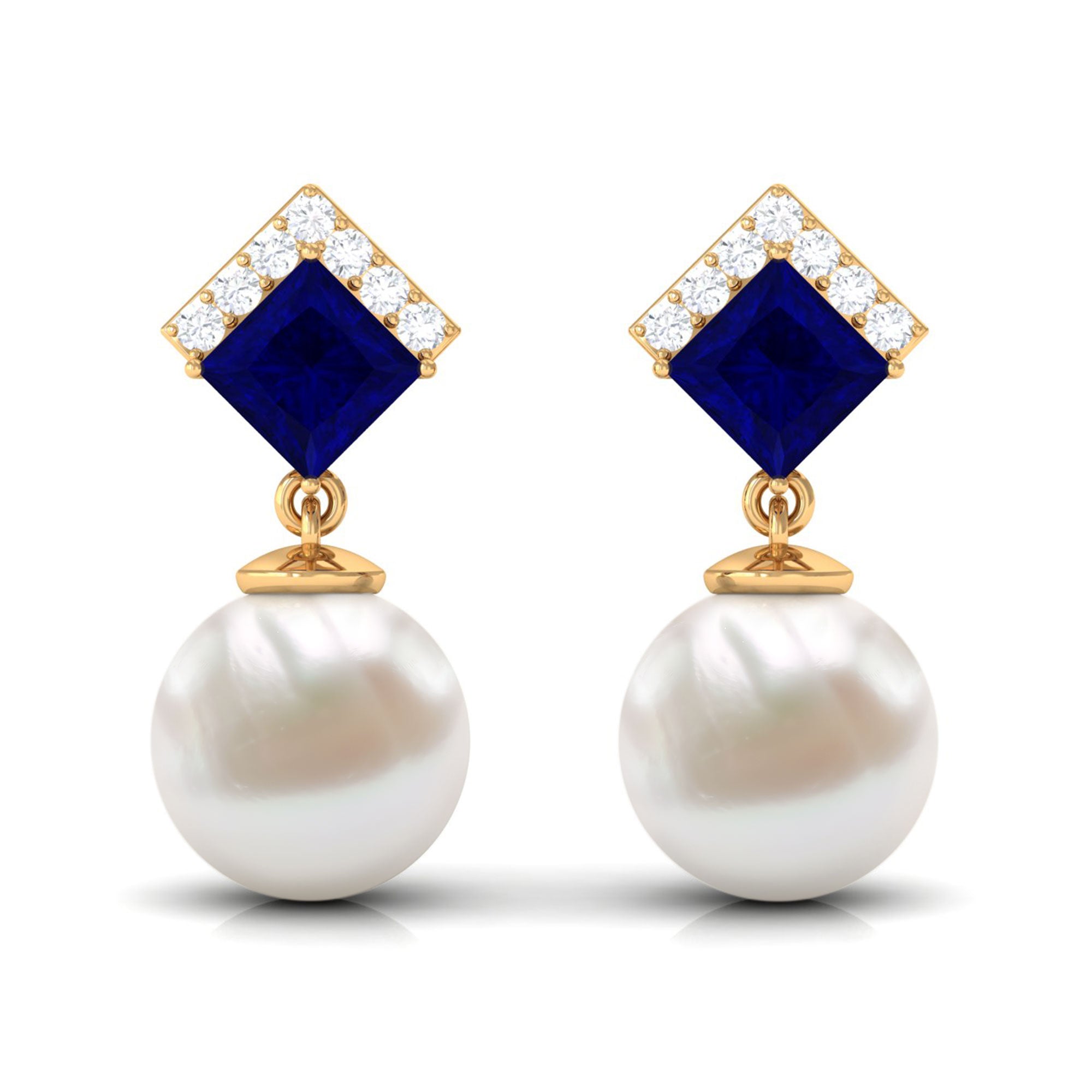 Freshwater Pearl and Blue Sapphire Drop Earrings with Moissanite Blue Sapphire - ( AAA ) - Quality - Rosec Jewels