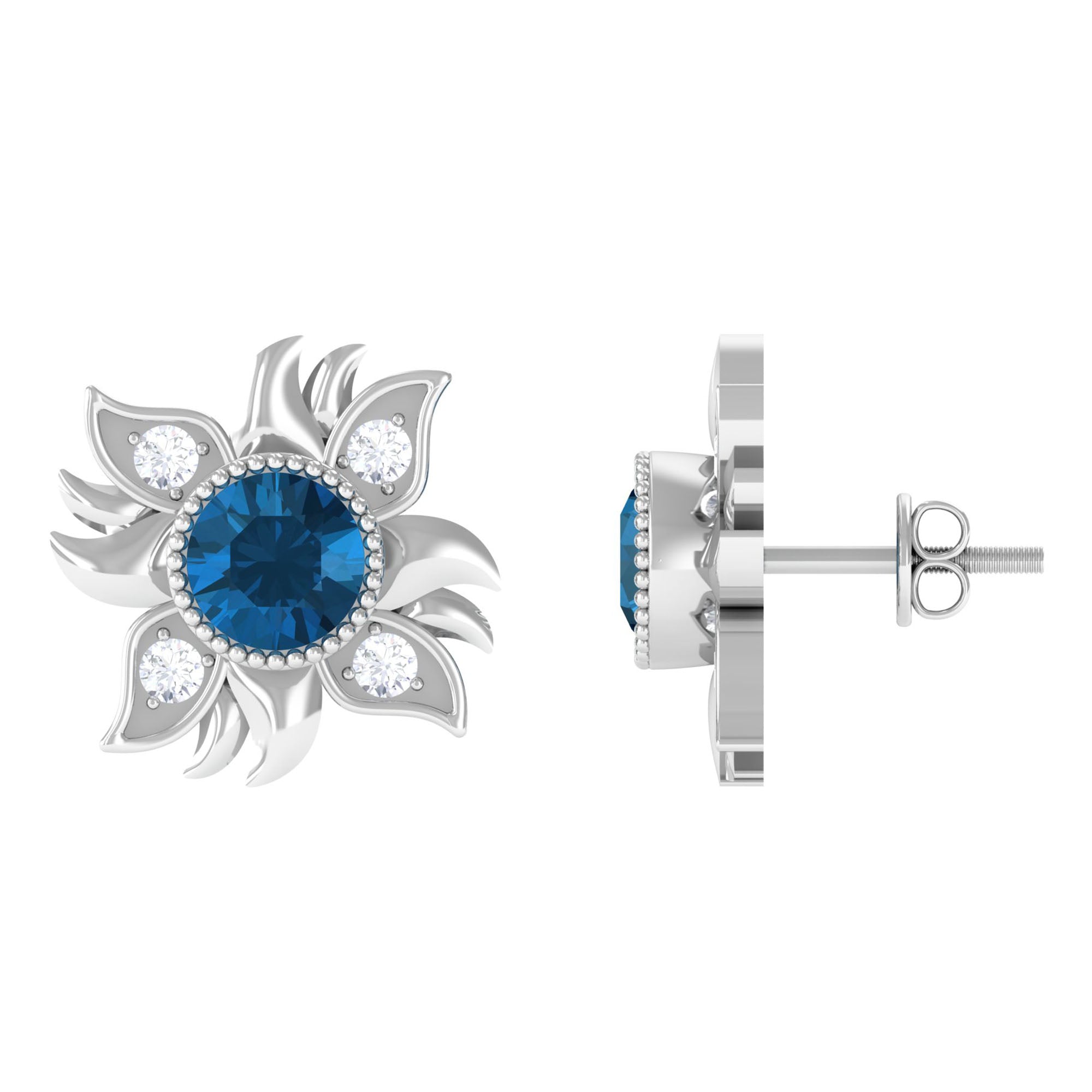 Rosec Jewels-London Blue Topaz and Diamond Flower Stud Earrings