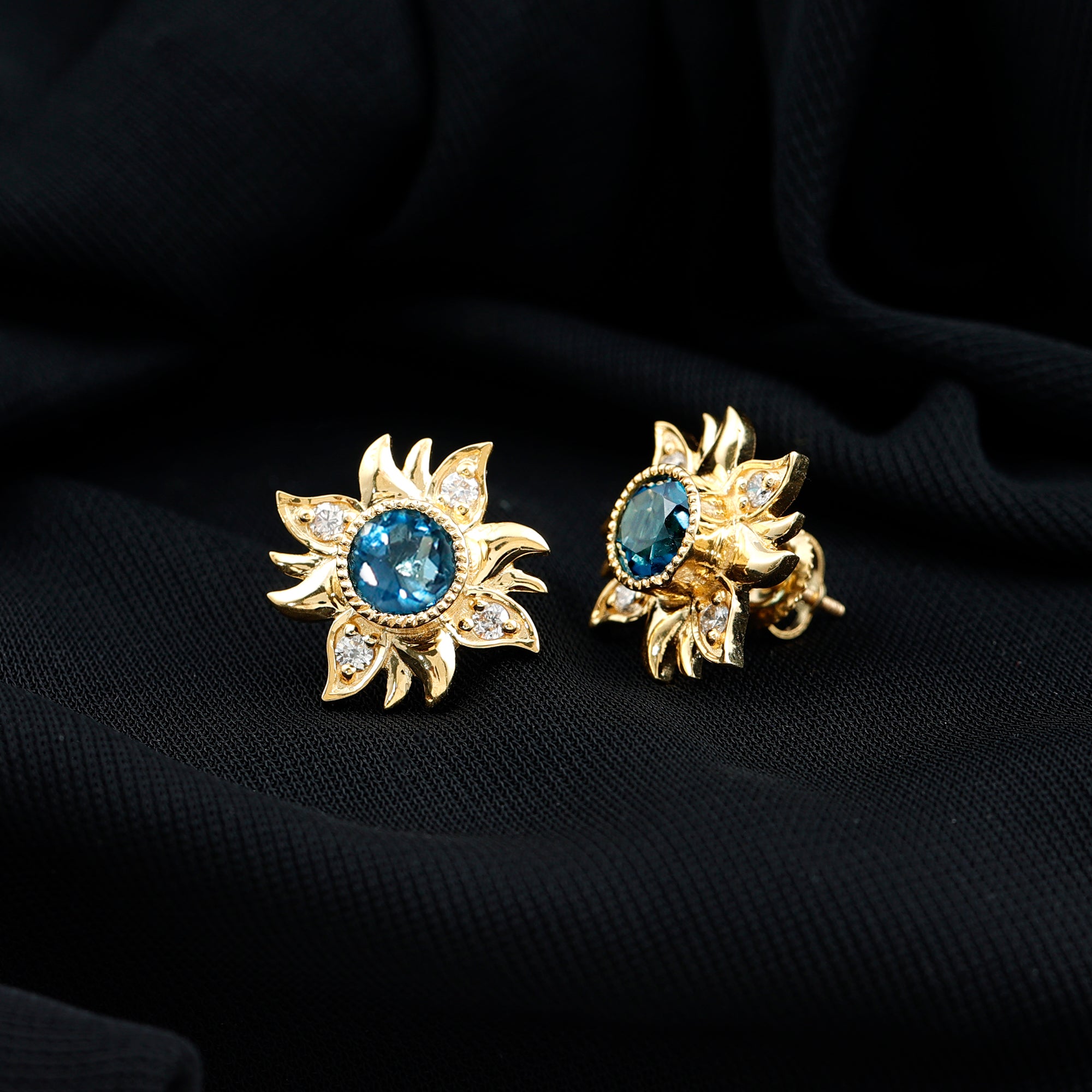 Rosec Jewels-London Blue Topaz and Diamond Flower Stud Earrings