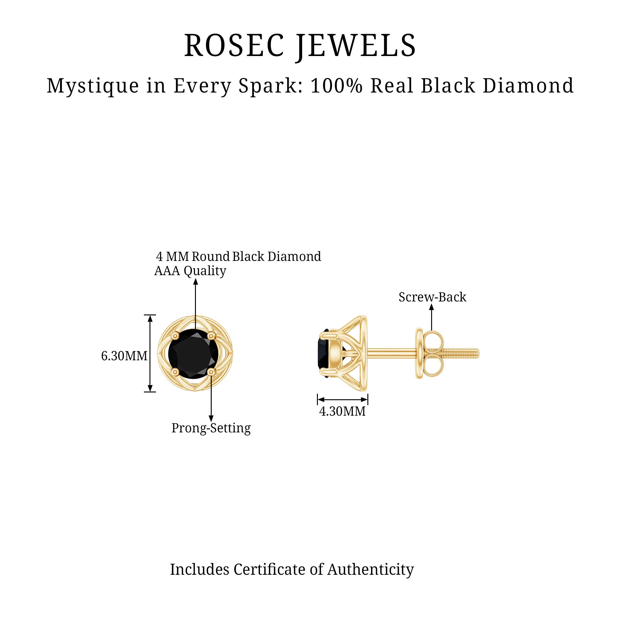 4 MM Round Cut Black Diamond Solitaire Floral Stud Earring Black Diamond - ( AAA ) - Quality - Rosec Jewels