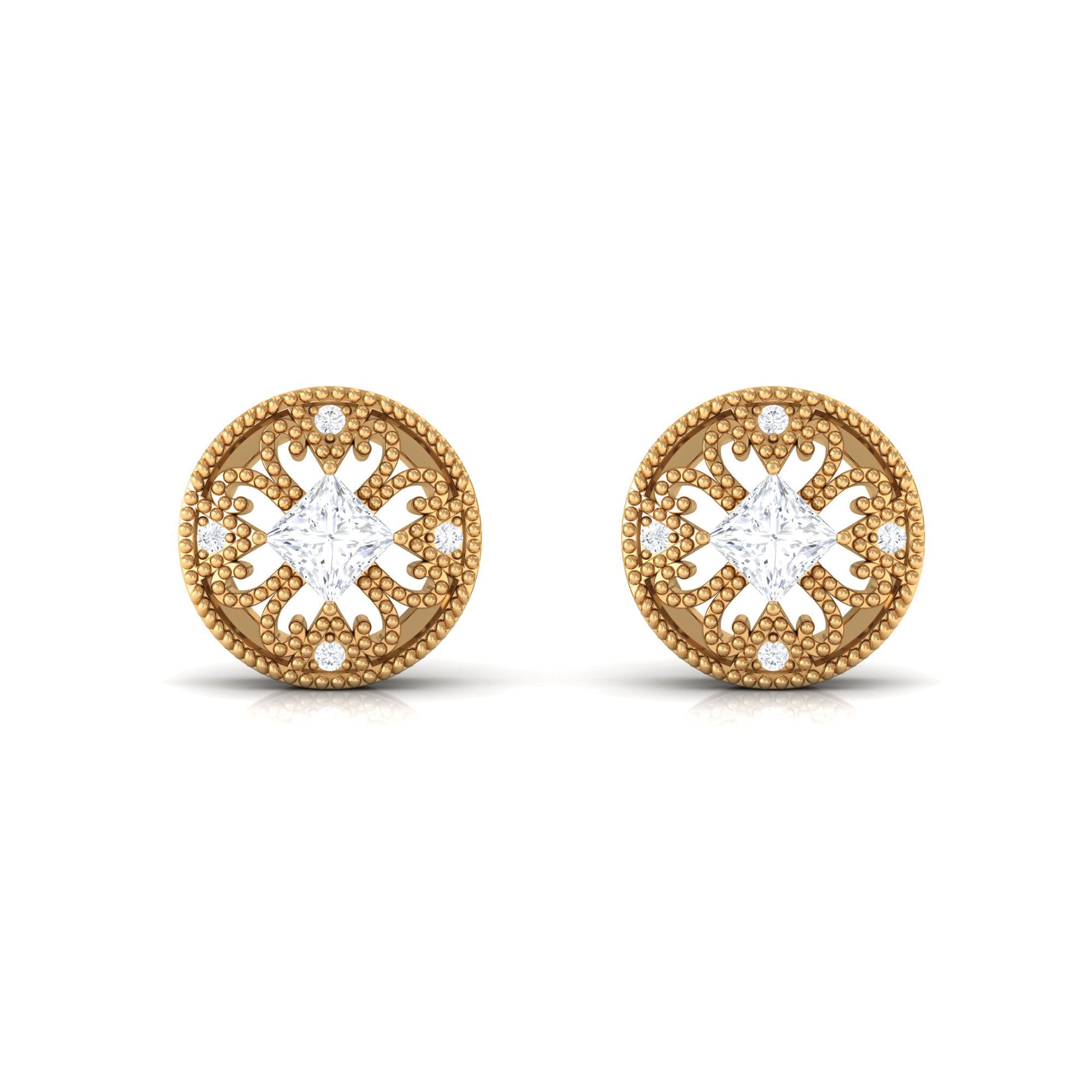 Real Diamond Vintage Milgrain Stud Earrings Diamond - ( HI-SI ) - Color and Clarity - Rosec Jewels