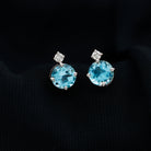 Swiss Blue Topaz Solitaire Silver Stud Earrings with Moissanite Swiss Blue Topaz - ( AAA ) - Quality 92.5 Sterling Silver - Rosec Jewels