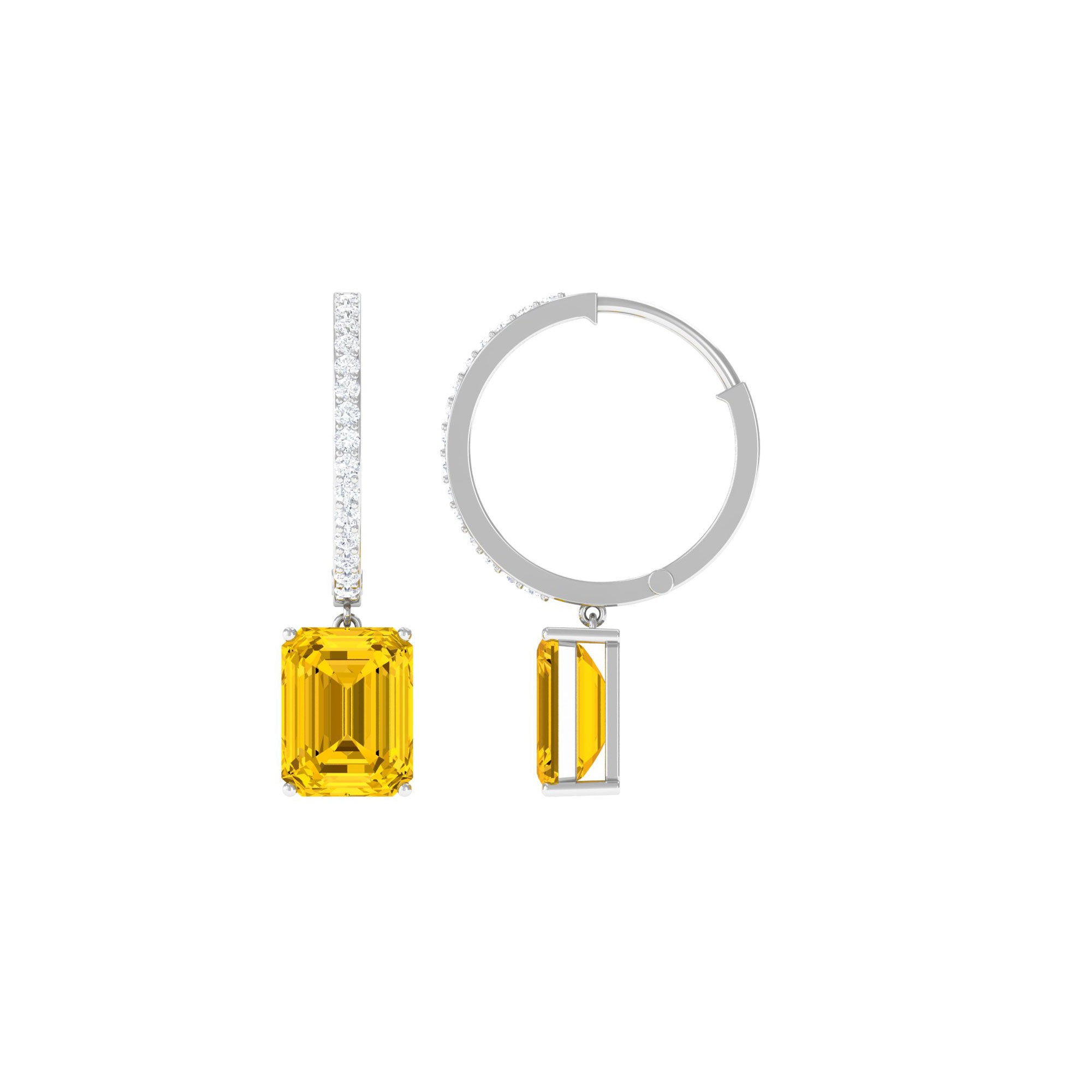 Emerald Cut Lab Grown Yellow Sapphire Minimal Hoop Drop Earrings with Diamond Lab Created Yellow Sapphire - ( AAAA ) - Quality - Rosec Jewels