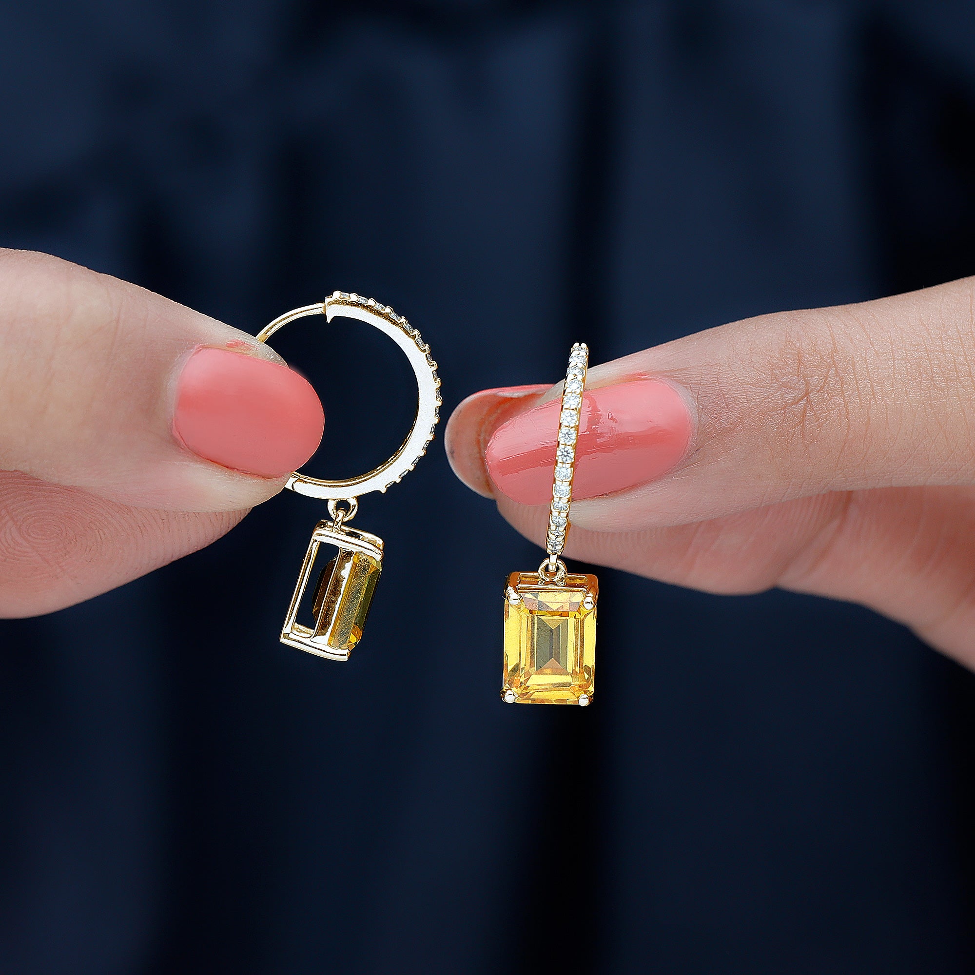 Emerald Cut Lab Grown Yellow Sapphire Minimal Hoop Drop Earrings with Diamond Lab Created Yellow Sapphire - ( AAAA ) - Quality - Rosec Jewels