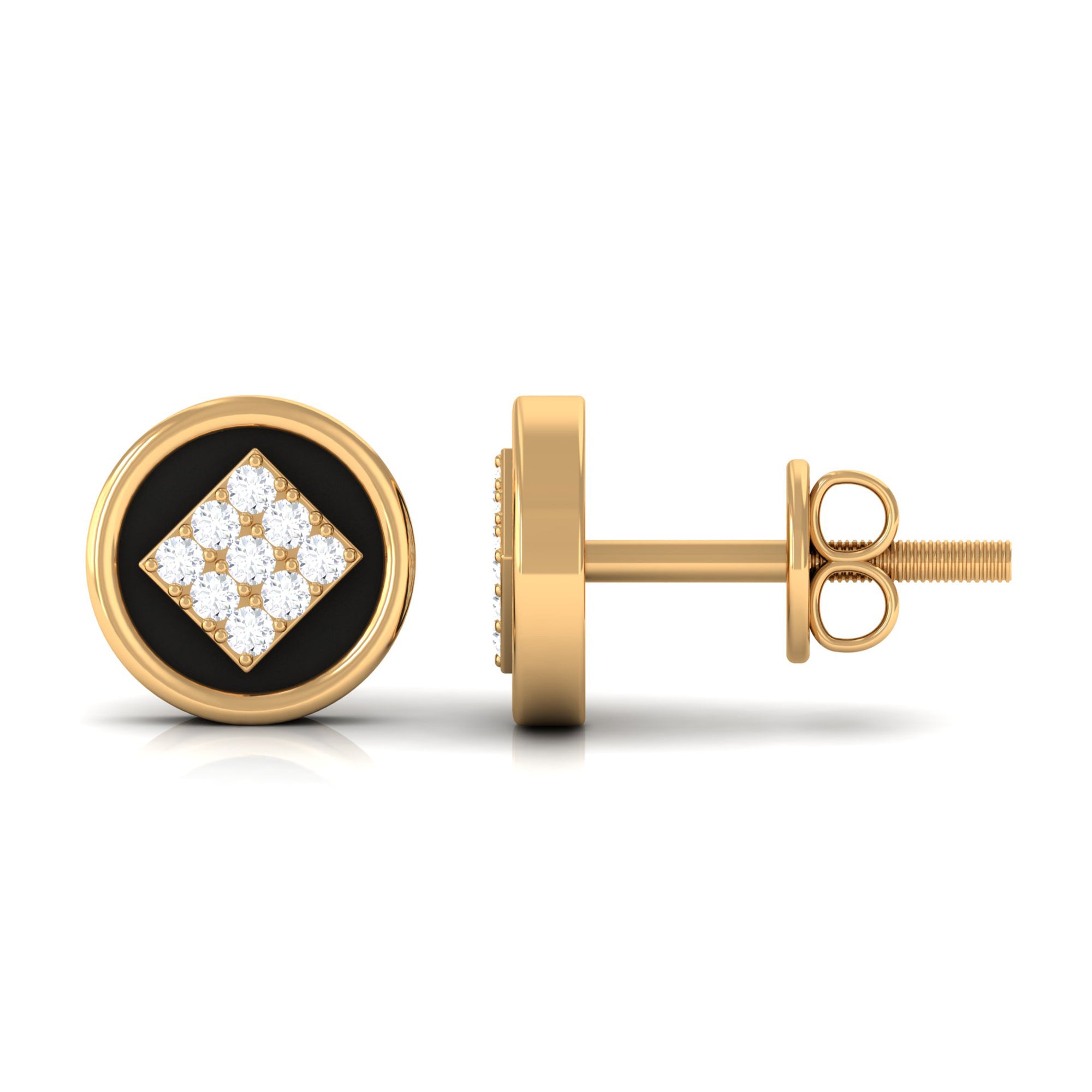 Classic Diamond Gold Stud Earrings with Enamel Diamond - ( HI-SI ) - Color and Clarity - Rosec Jewels