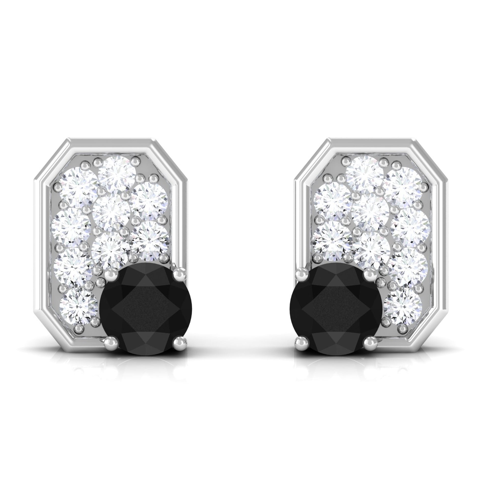 Classic Black Onyx and Diamond Octagon Stud Earrings Black Onyx - ( AAA ) - Quality - Rosec Jewels