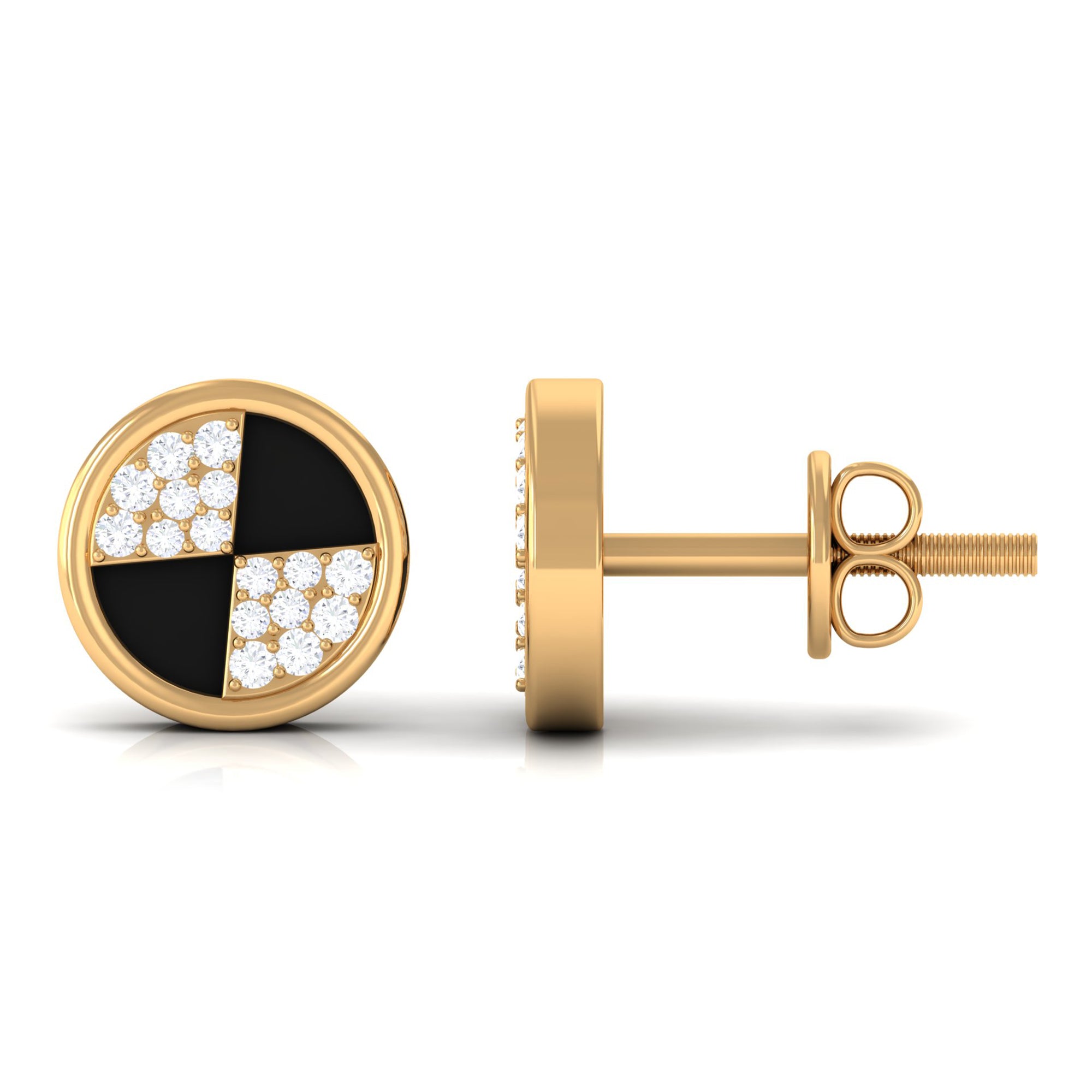 Natural Diamond Gold Circle Stud Earrings with Enamel Diamond - ( HI-SI ) - Color and Clarity - Rosec Jewels