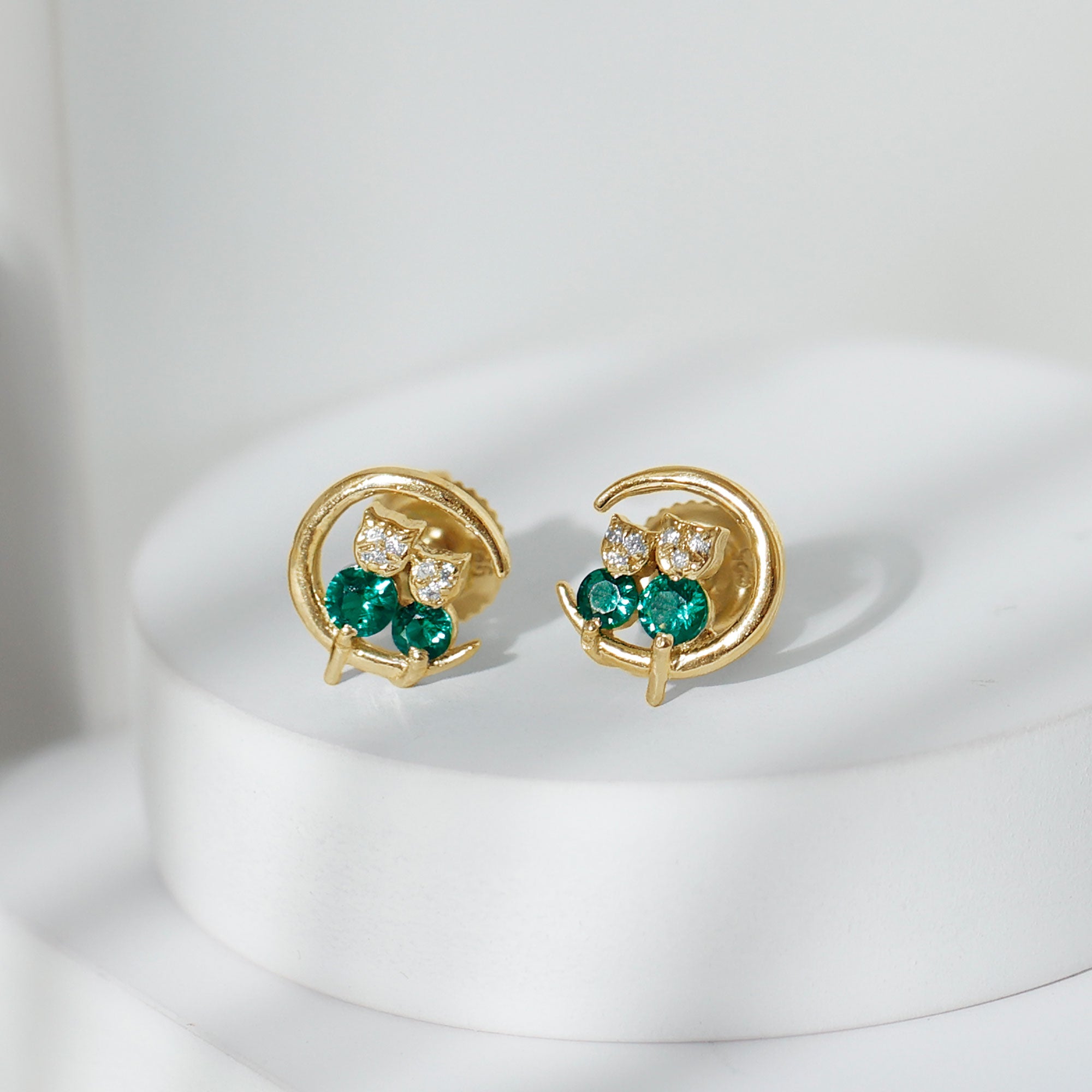 Rosec Jewels-Lab-Created Emerald and Moissanite Cat and Moon Stud Earrings