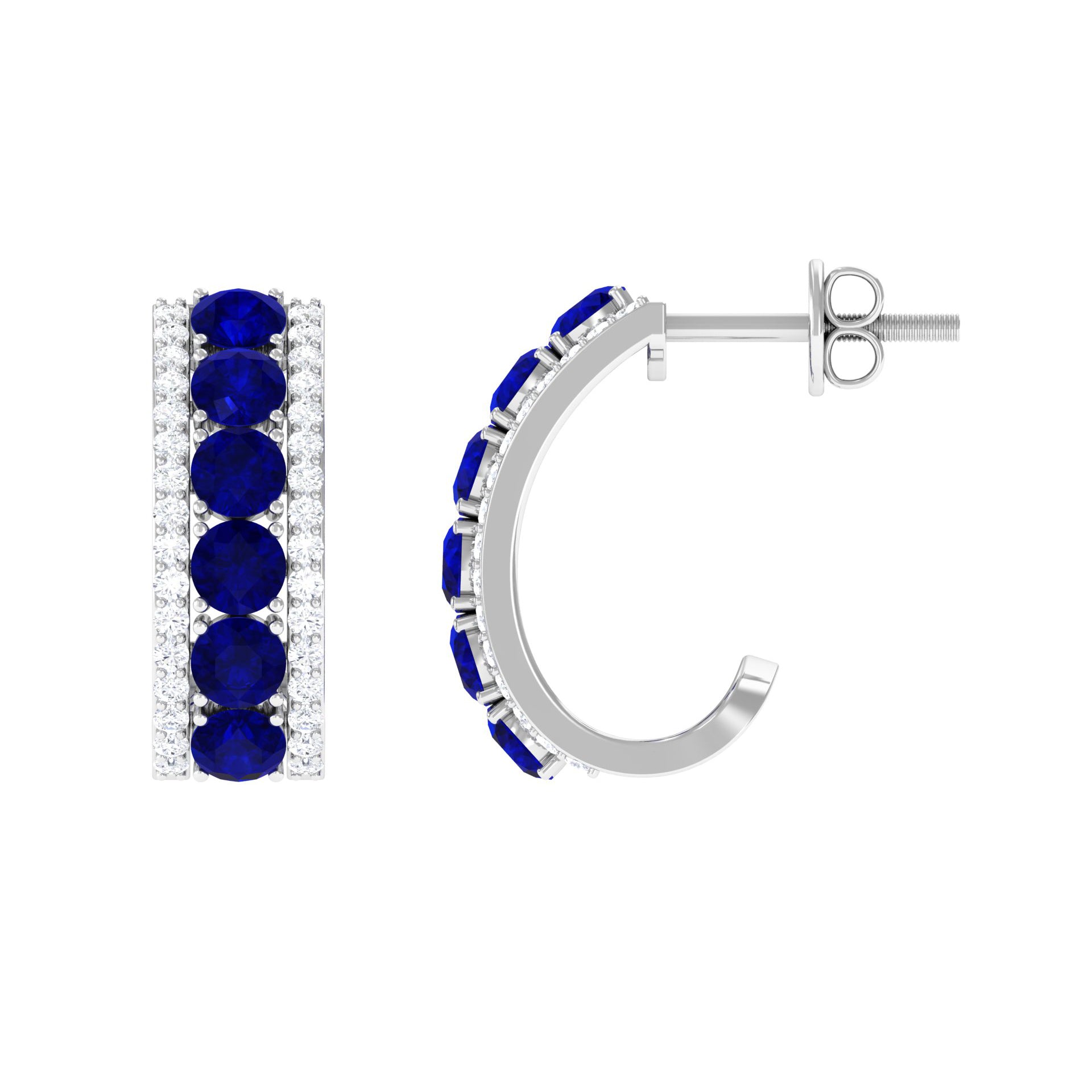 2 CT Created Blue Sapphire and Moissanite Silver J Hoop Earrings Lab Created Blue Sapphire - ( AAAA ) - Quality 92.5 Sterling Silver - Rosec Jewels