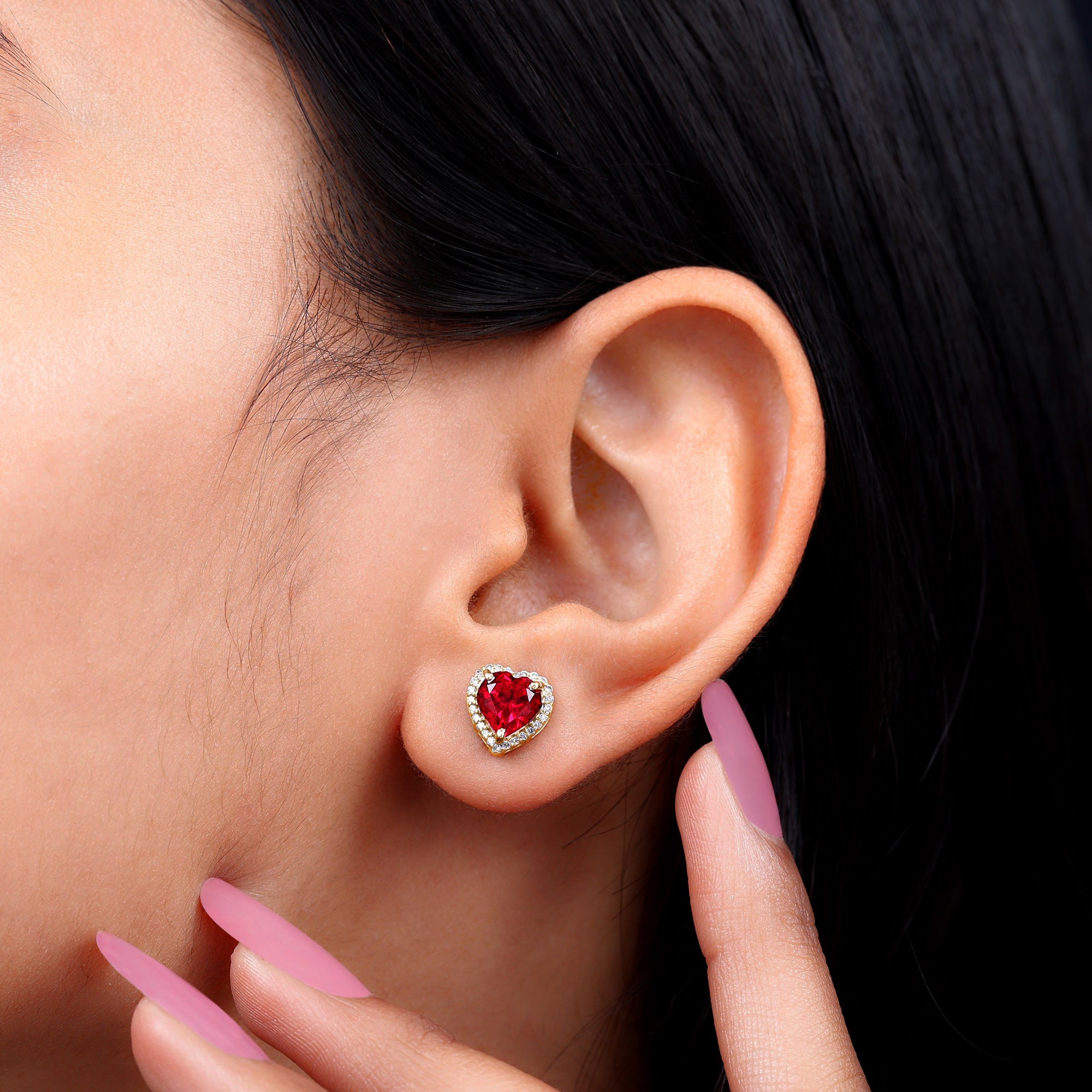 8 MM Heart Shape Created Ruby Halo Stud Earrings with Diamond Lab Created Ruby - ( AAAA ) - Quality - Rosec Jewels