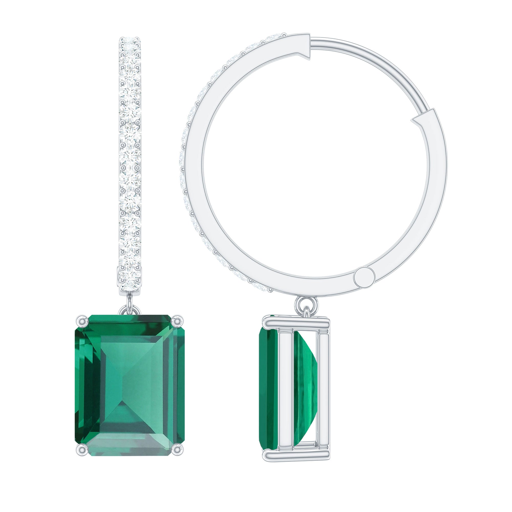 Certified Created Emerald Hoop Drop Earrings Lab Created Emerald - ( AAAA ) - Quality - Rosec Jewels