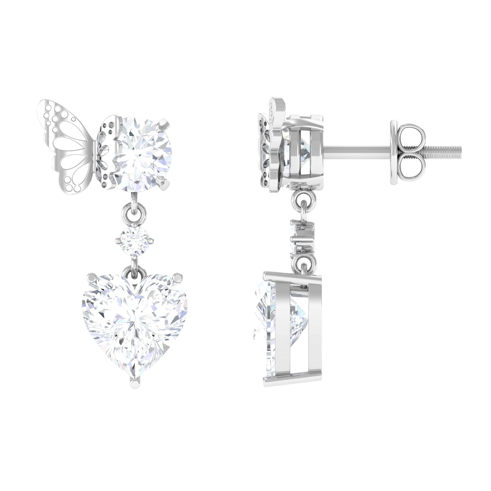 Moissanite Butterfly Heart Drop Earrings Moissanite - ( D-VS1 ) - Color and Clarity - Rosec Jewels