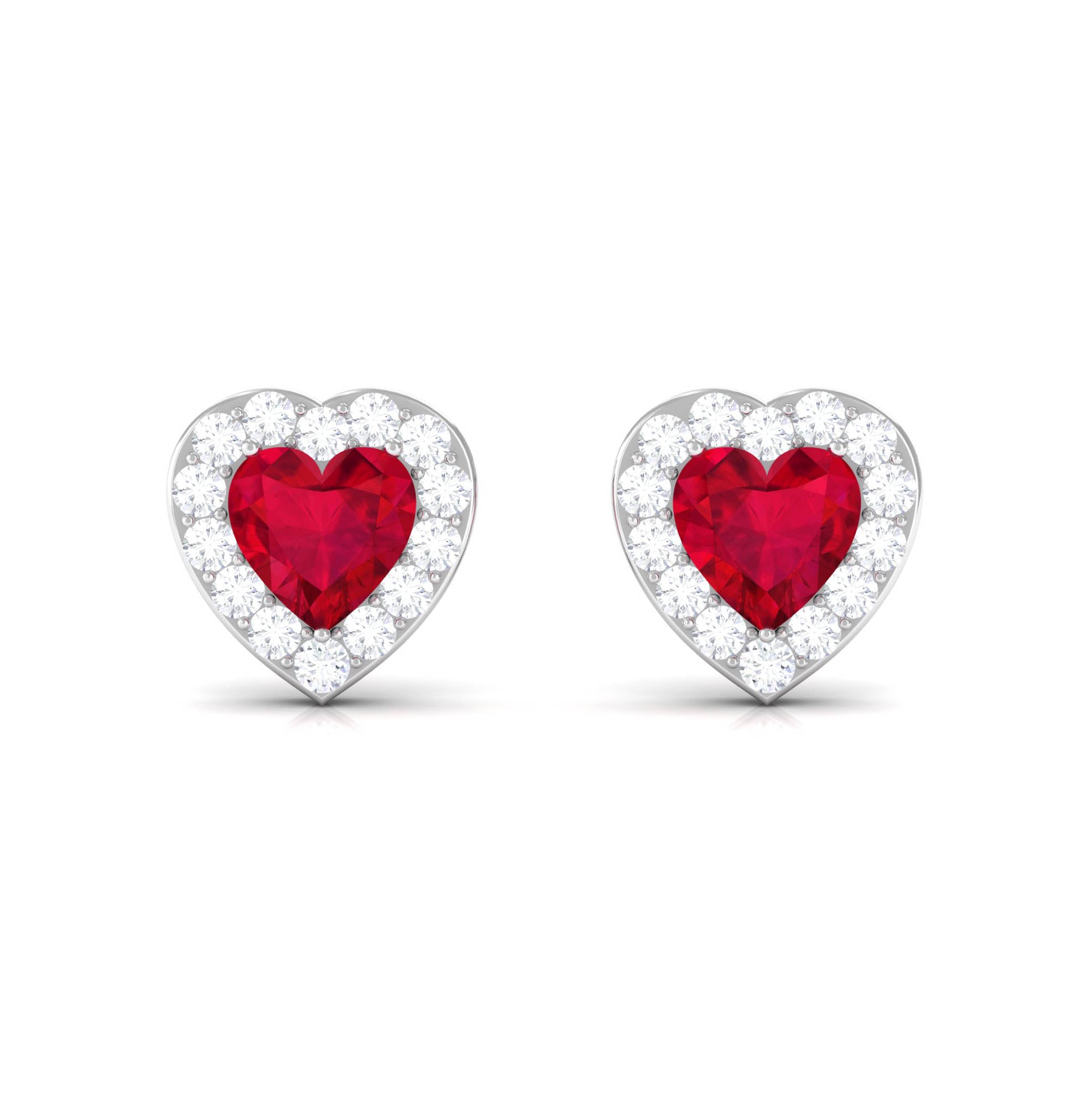 Heart Shape Lab Grown Ruby Halo Stud Earrings with Diamond Lab Created Ruby - ( AAAA ) - Quality - Rosec Jewels