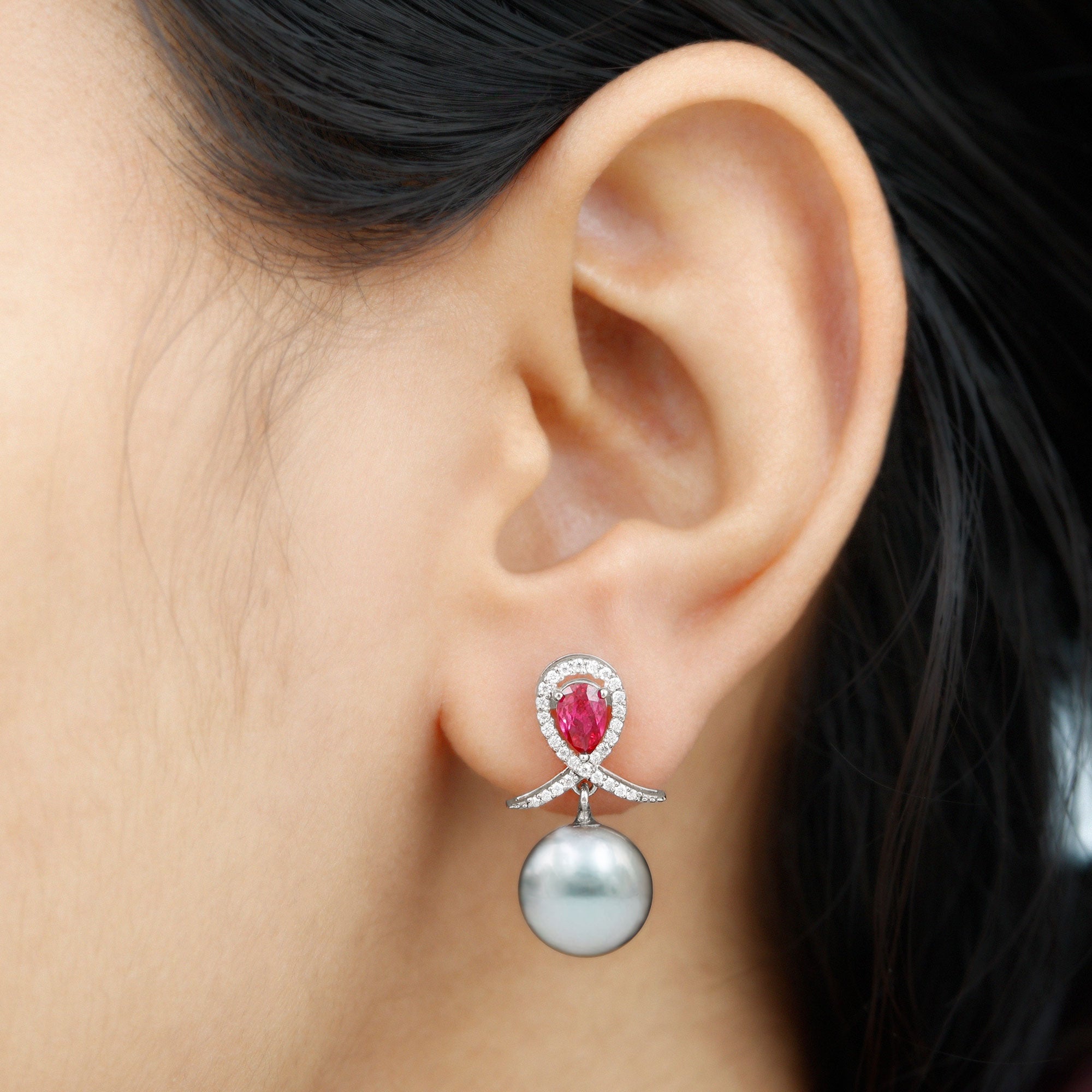 Tahitian Pearl and Created Ruby Silver Drop Earrings with Moissanite Lab Created Ruby - ( AAAA ) - Quality 92.5 Sterling Silver - Rosec Jewels