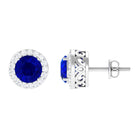 Created Blue Sapphire and Diamond Classic Halo Stud Earrings Lab Created Blue Sapphire - ( AAAA ) - Quality - Rosec Jewels