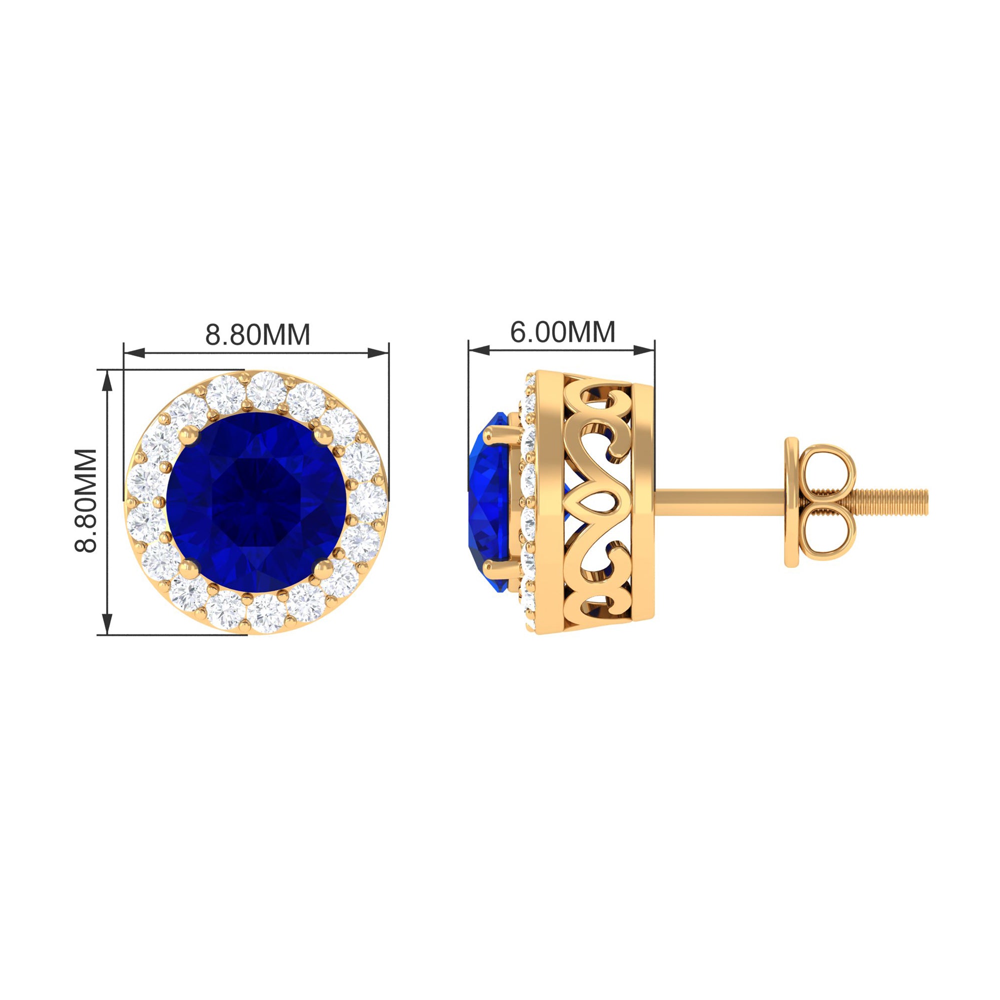 Created Blue Sapphire and Diamond Classic Halo Stud Earrings Lab Created Blue Sapphire - ( AAAA ) - Quality - Rosec Jewels