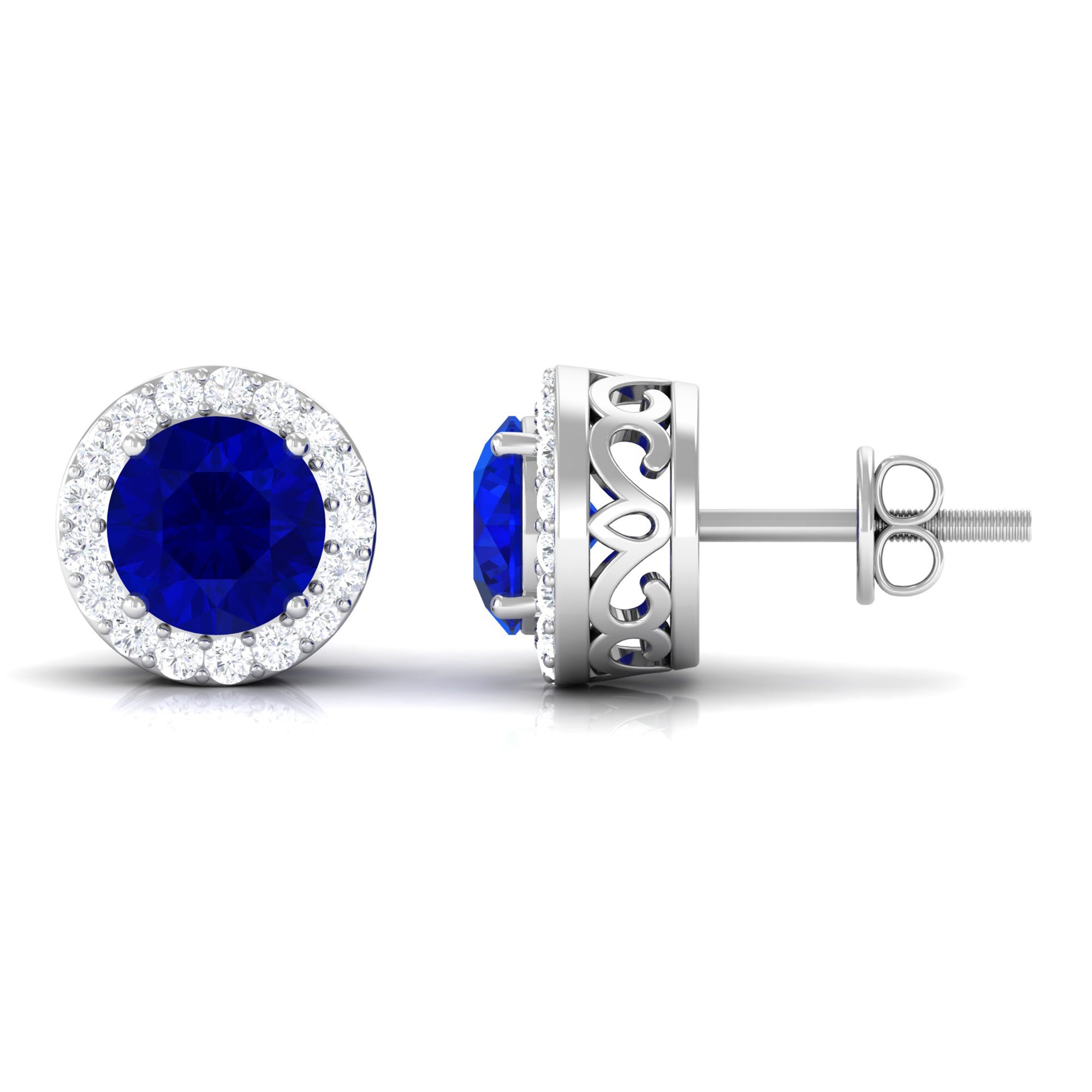 Created Blue Sapphire and Diamond Classic Halo Stud Earrings Lab Created Blue Sapphire - ( AAAA ) - Quality - Rosec Jewels