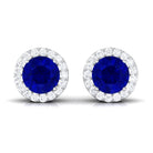 Created Blue Sapphire and Diamond Classic Halo Stud Earrings Lab Created Blue Sapphire - ( AAAA ) - Quality - Rosec Jewels