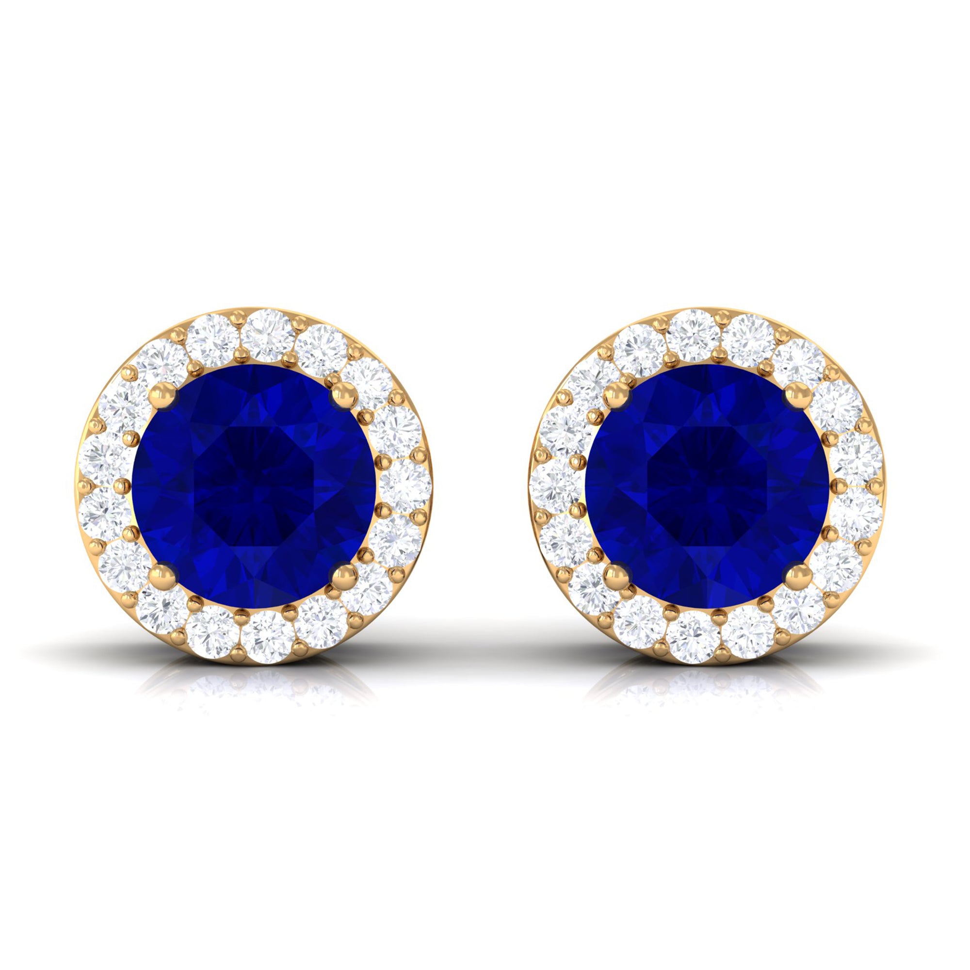 Created Blue Sapphire and Diamond Classic Halo Stud Earrings Lab Created Blue Sapphire - ( AAAA ) - Quality - Rosec Jewels