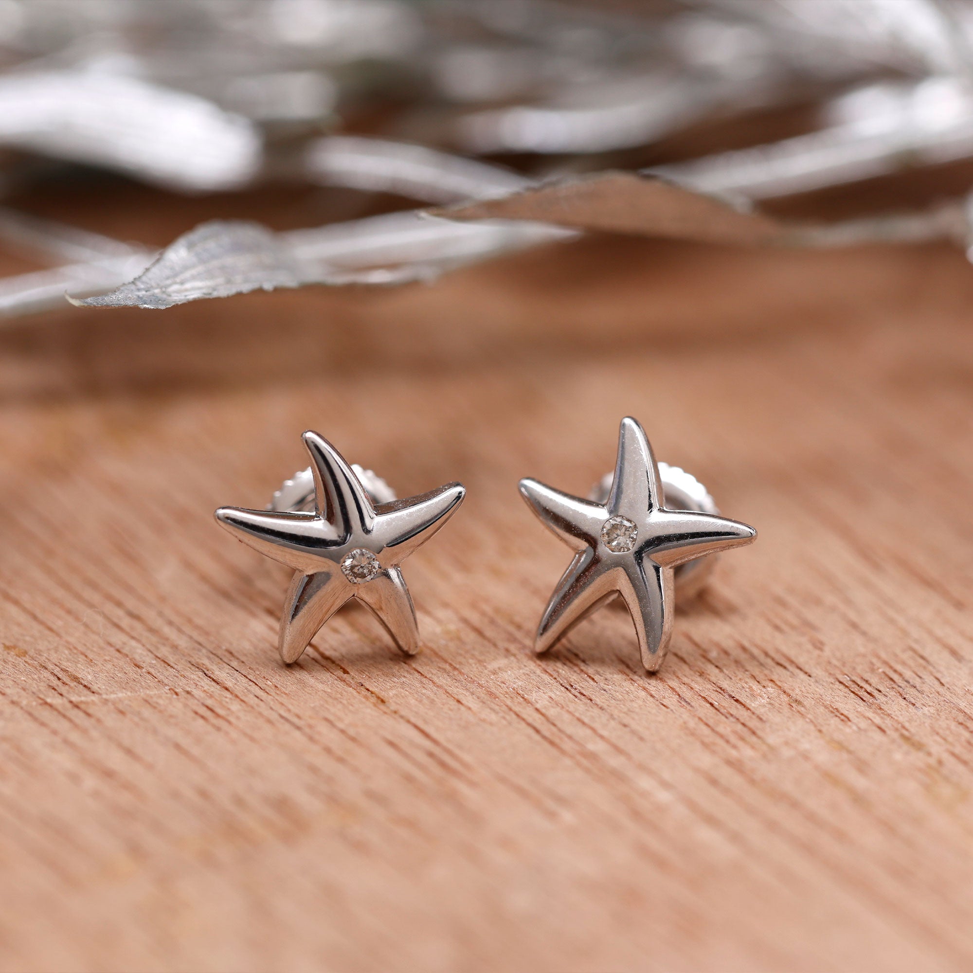 Bezel Set Round Moissanite Starfish Stud Earrings Moissanite - ( D-VS1 ) - Color and Clarity - Rosec Jewels