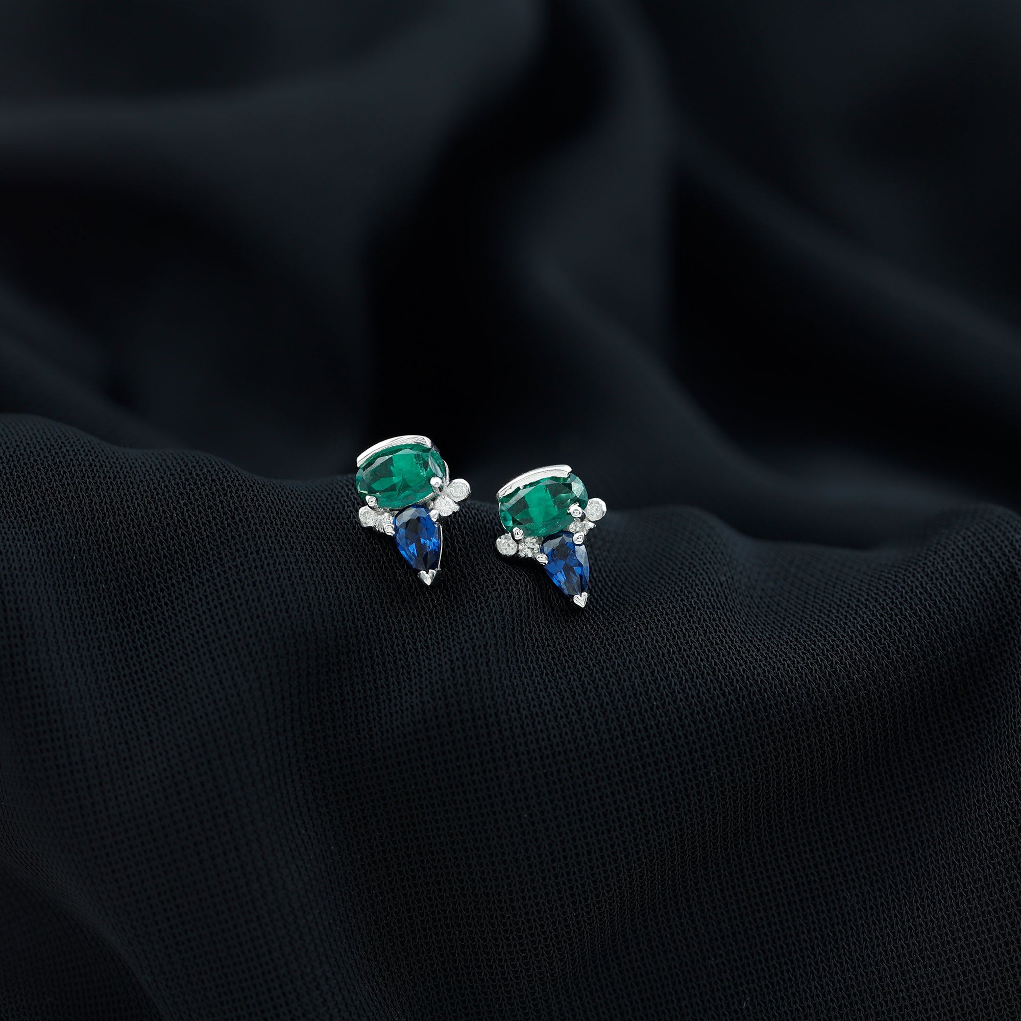 Created Emerald and Created Blue Sapphire Cluster Stud Earring with Moissanite Lab Created Blue Sapphire - ( AAAA ) - Quality - Rosec Jewels