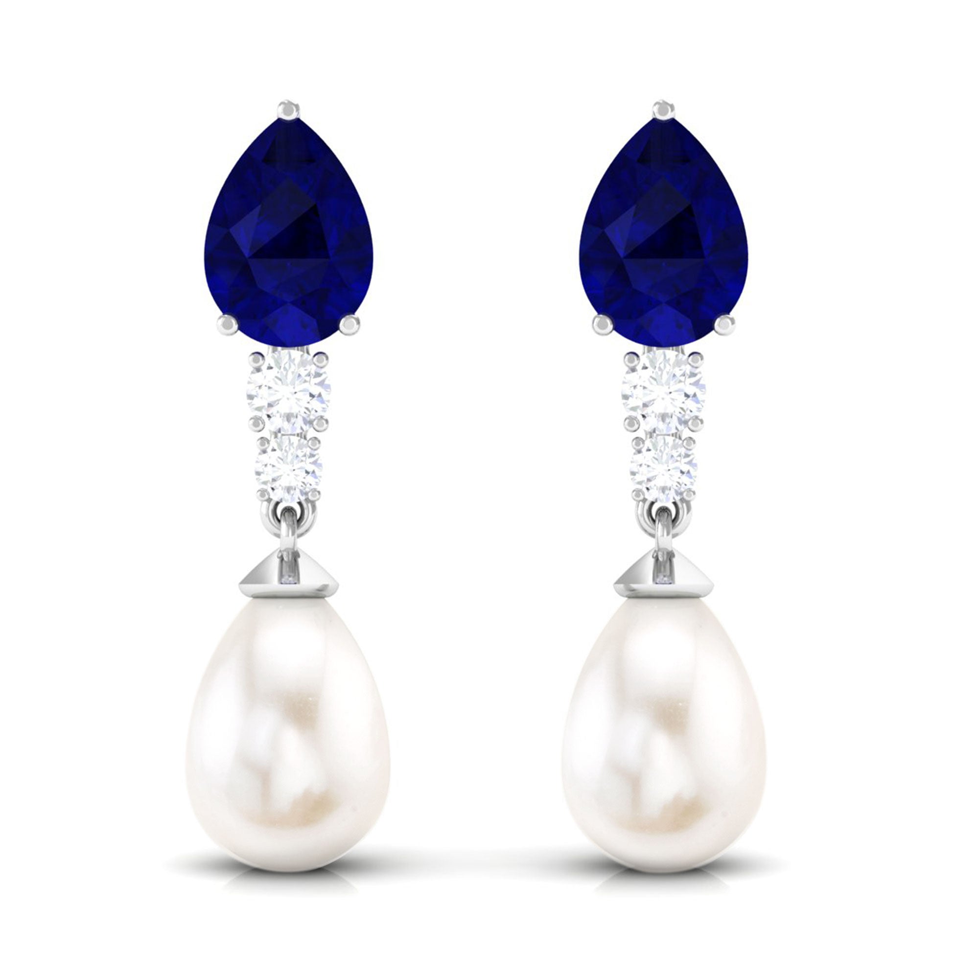 7.5 CT Blue Sapphire And Freshwater Pearl Dangle Earrings with Moissanite Blue Sapphire - ( AAA ) - Quality - Rosec Jewels