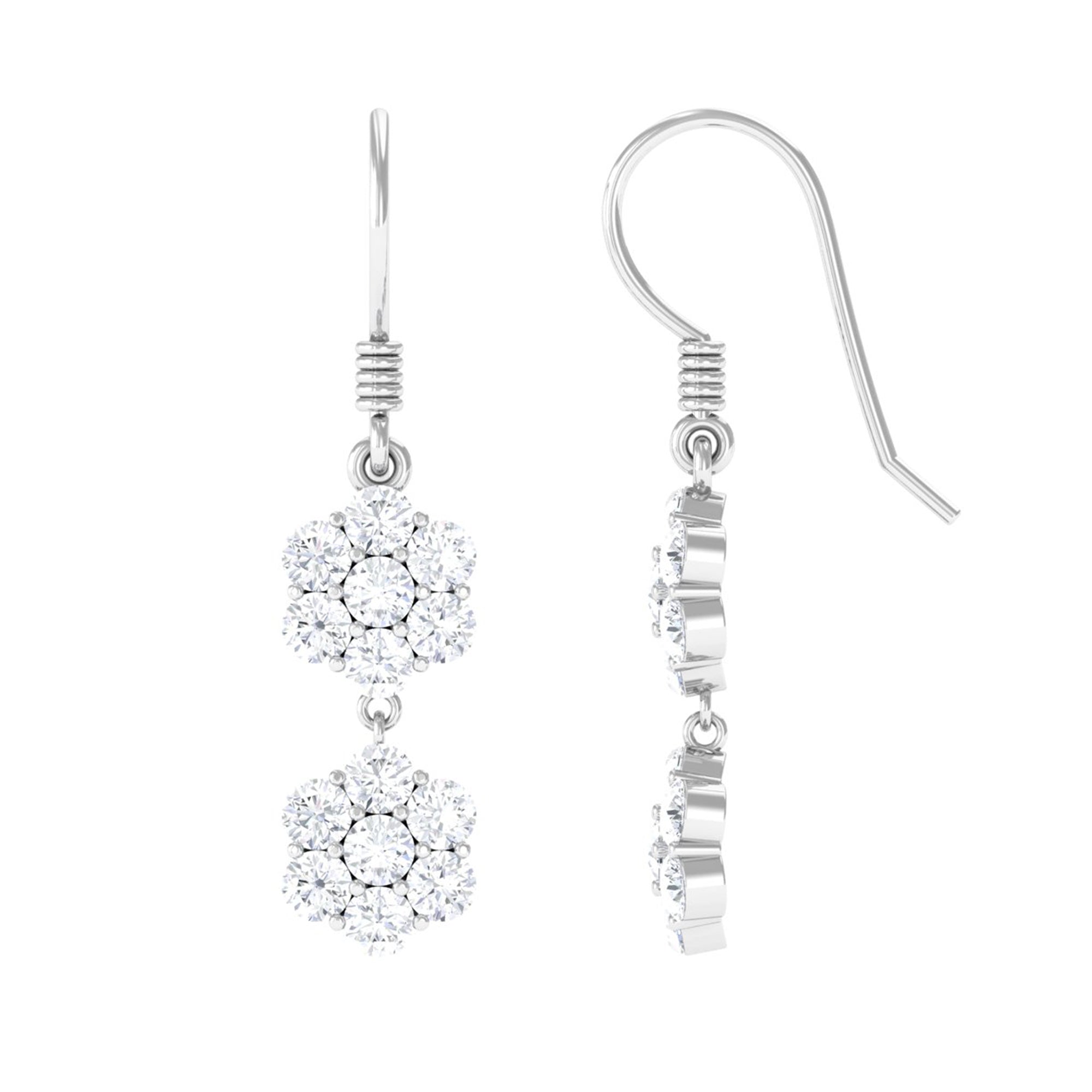 Round Cut Moissanite Twin Flower Dangle Earrings Moissanite - ( D-VS1 ) - Color and Clarity - Rosec Jewels