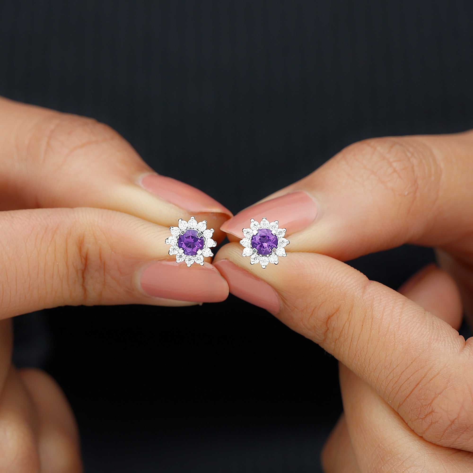 Real Amethyst Halo Stud Earrings with Moissanite Amethyst - ( AAA ) - Quality 92.5 Sterling Silver - Rosec Jewels