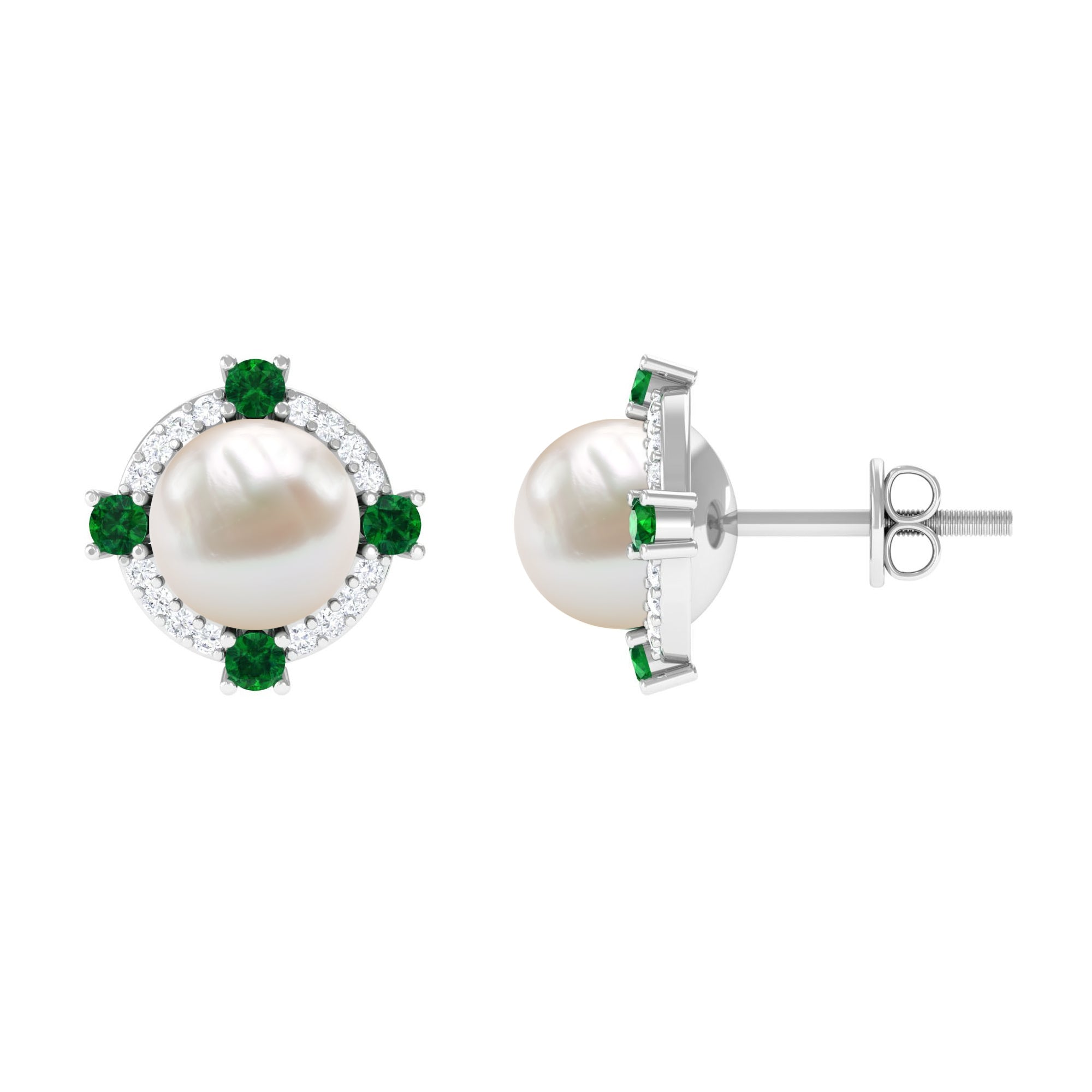 Freshwater Pearl Diamond Halo Stud Earrings with Created Emerald Freshwater Pearl - ( AAA ) - Quality - Rosec Jewels