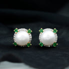 Freshwater Pearl Diamond Halo Stud Earrings with Created Emerald Freshwater Pearl - ( AAA ) - Quality - Rosec Jewels