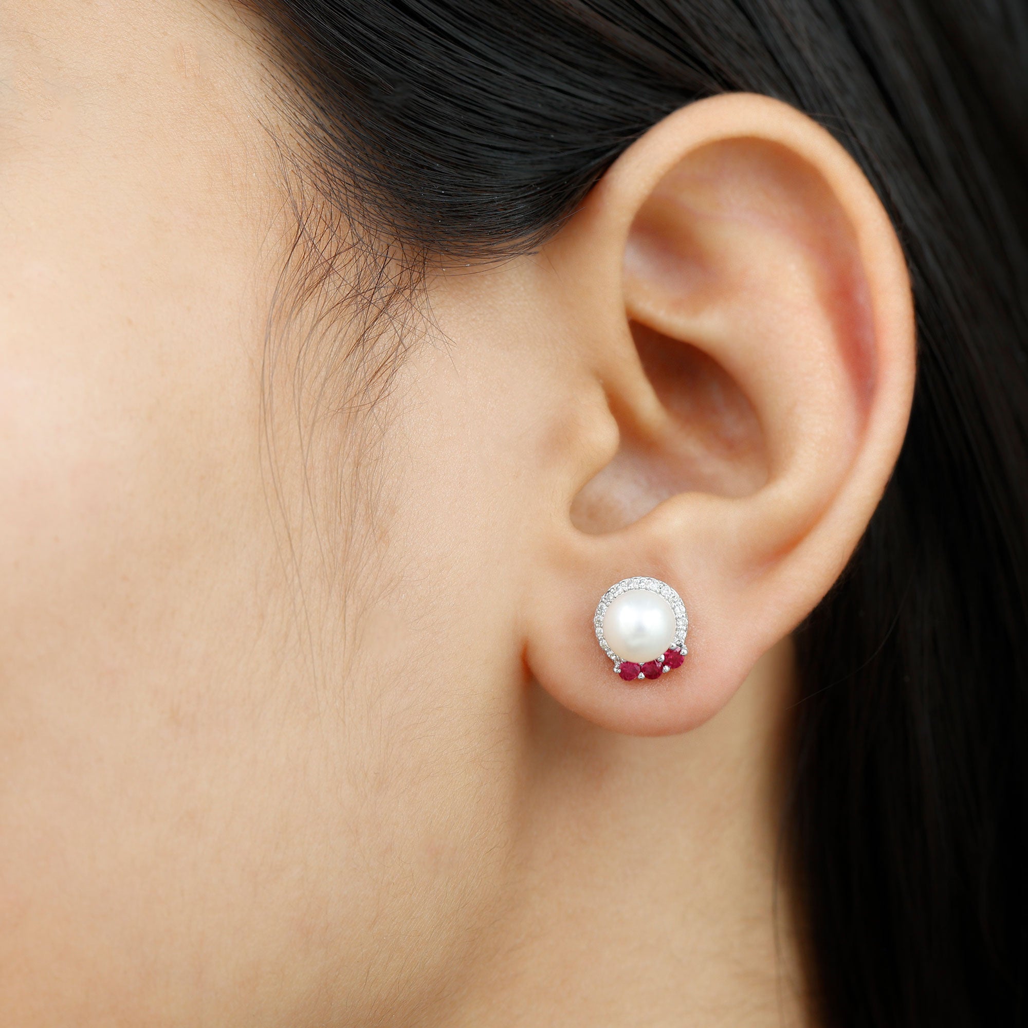 Freshwater Pearl and Ruby Stud Earrings with Diamond Halo Freshwater Pearl - ( AAA ) - Quality - Rosec Jewels