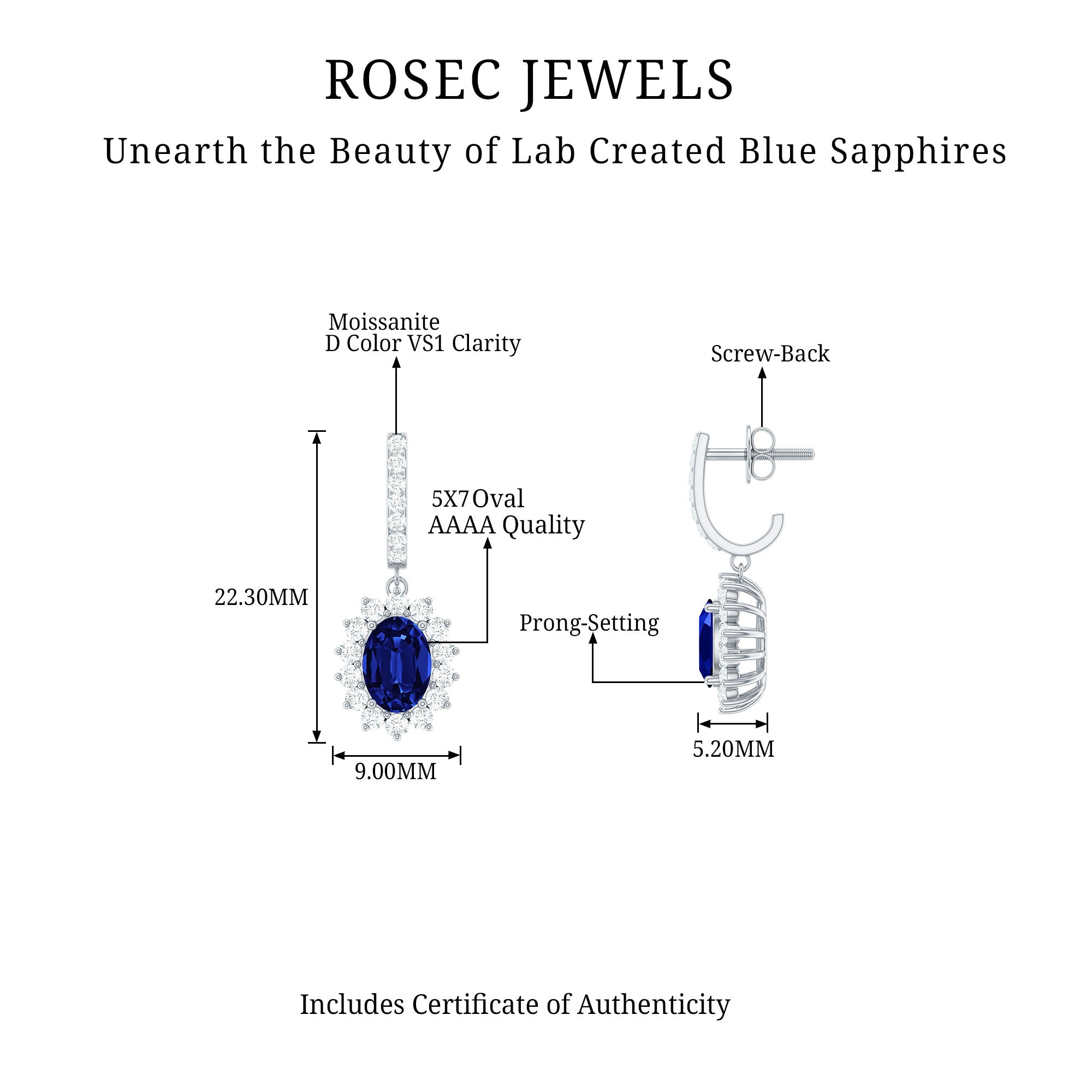 Oval Created Blue Sapphire Silver J Hoop Earrings with Moissanite Halo - Rosec Jewels