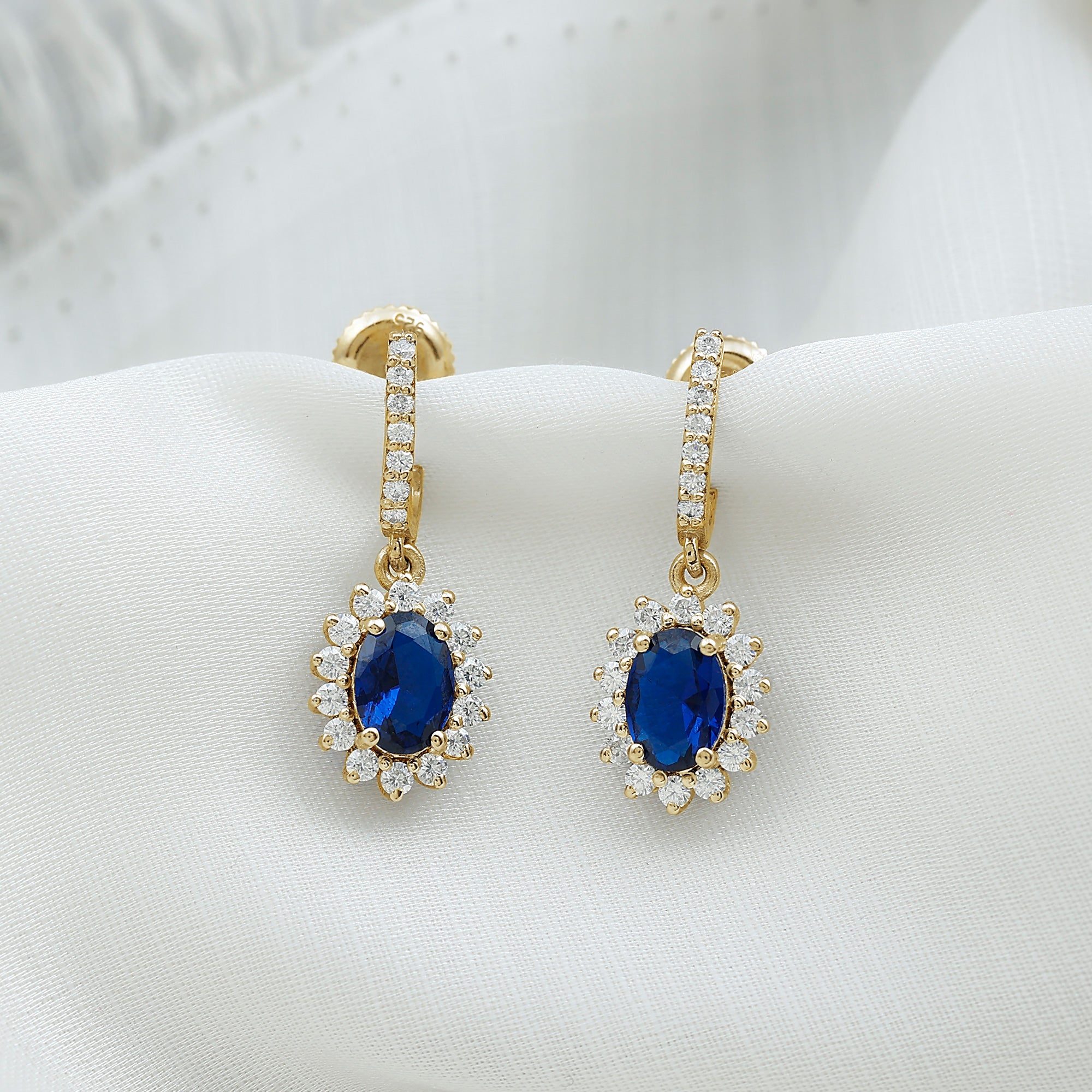 Oval Created Blue Sapphire J Hoop Earrings with Moissanite Halo Lab Created Blue Sapphire - ( AAAA ) - Quality - Rosec Jewels