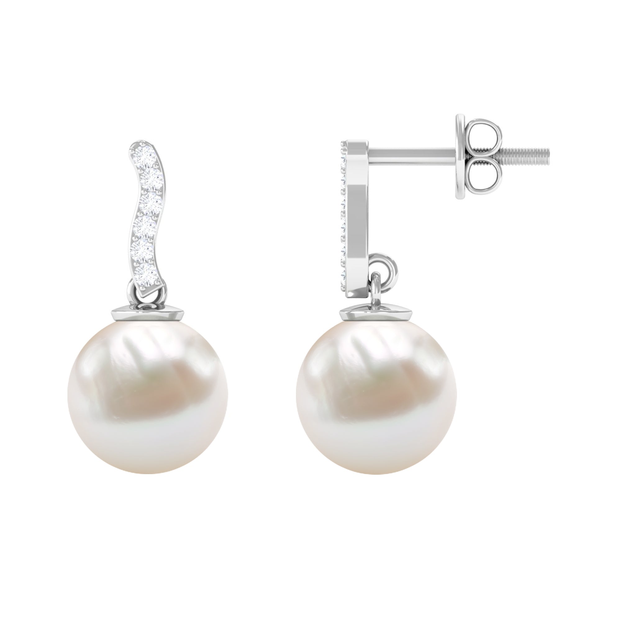 Rosec Jewels-8 MM Freshwater Pearl Drop and Curved Diamond Bar Earring