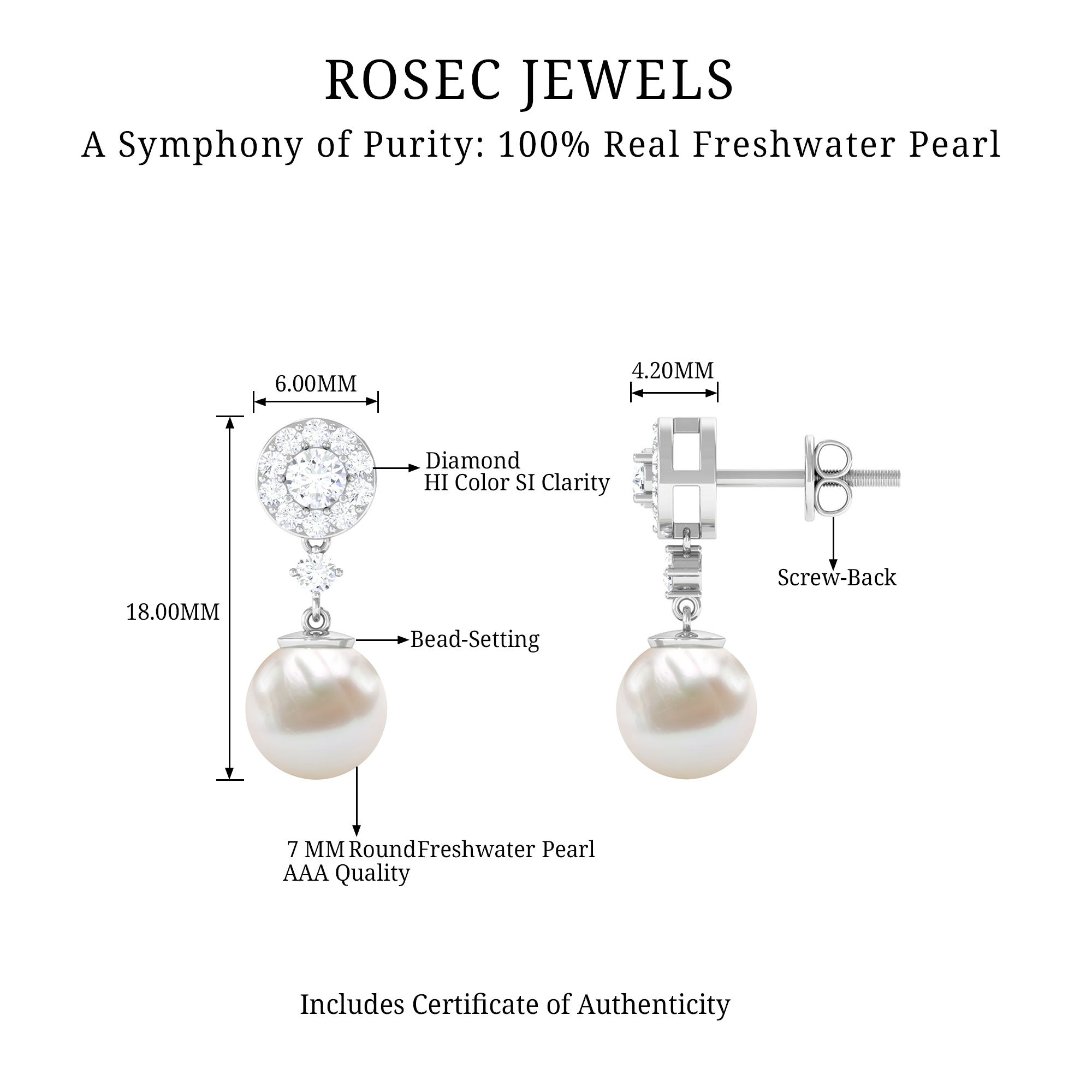 6.50 CT Freshwater Pearl Drop Earrings with Diamond Accent Freshwater Pearl - ( AAA ) - Quality - Rosec Jewels