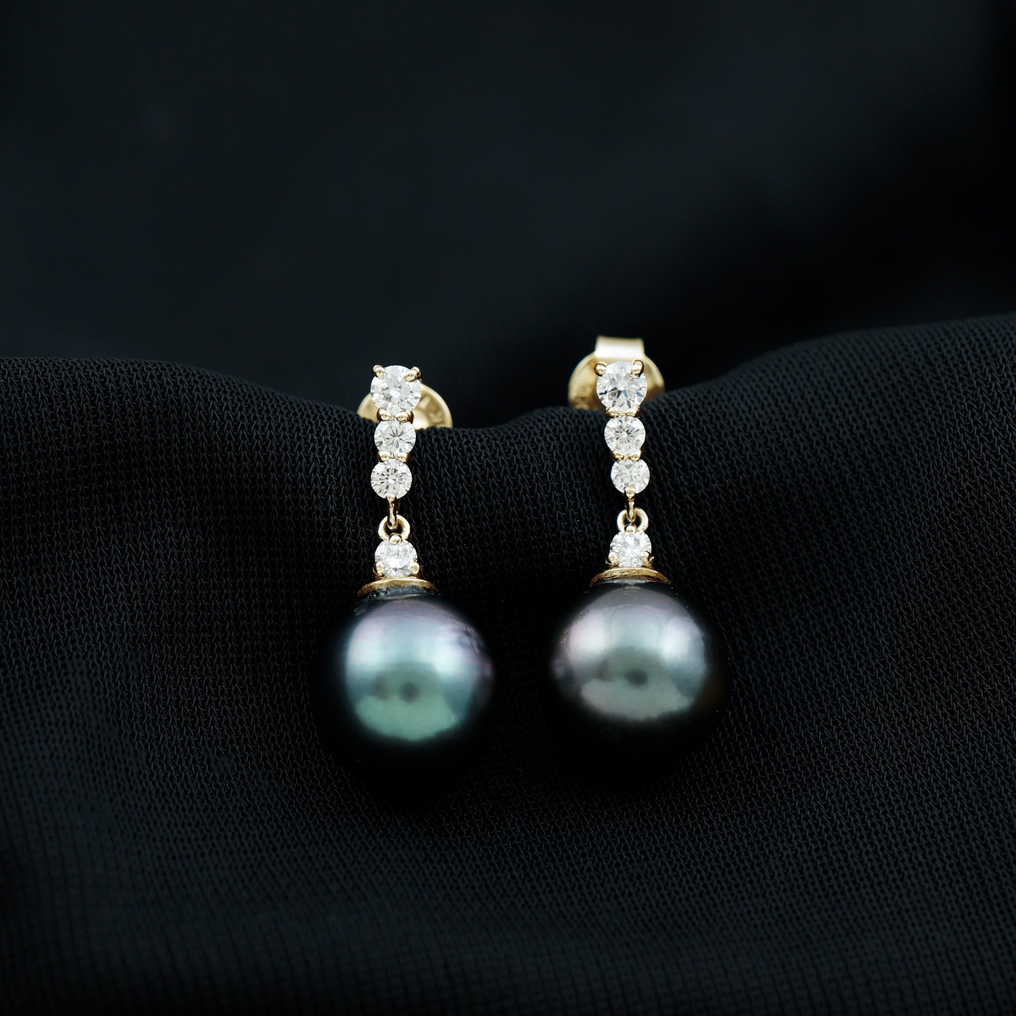 Diamond Bar and Tahitian Pearl Drop Earrings Tahitian pearl - ( AAA ) - Quality - Rosec Jewels