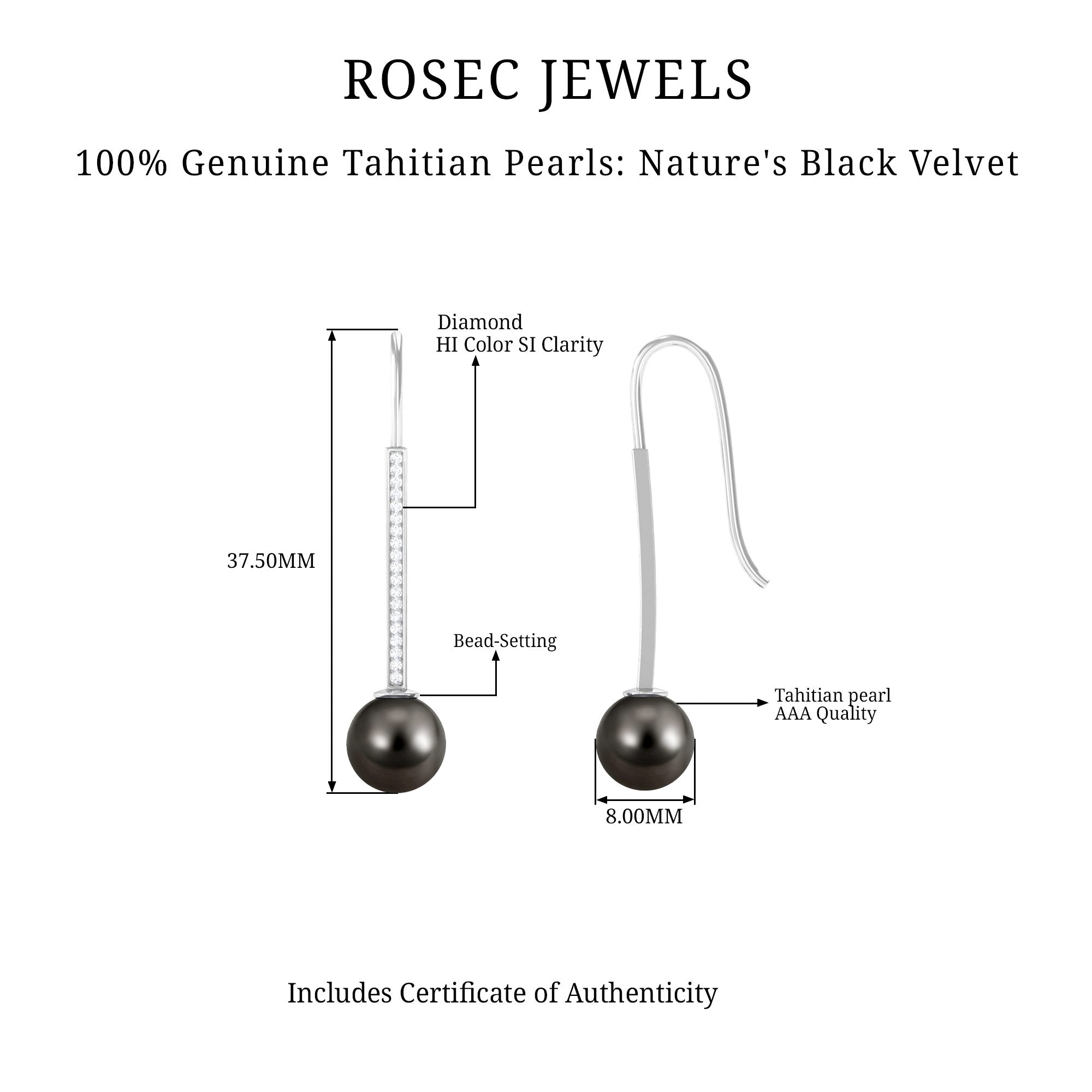 Rosec Jewels-Tahitian Pearl and Diamond Accent Bar Drop Earrings with Fish Hook Backing