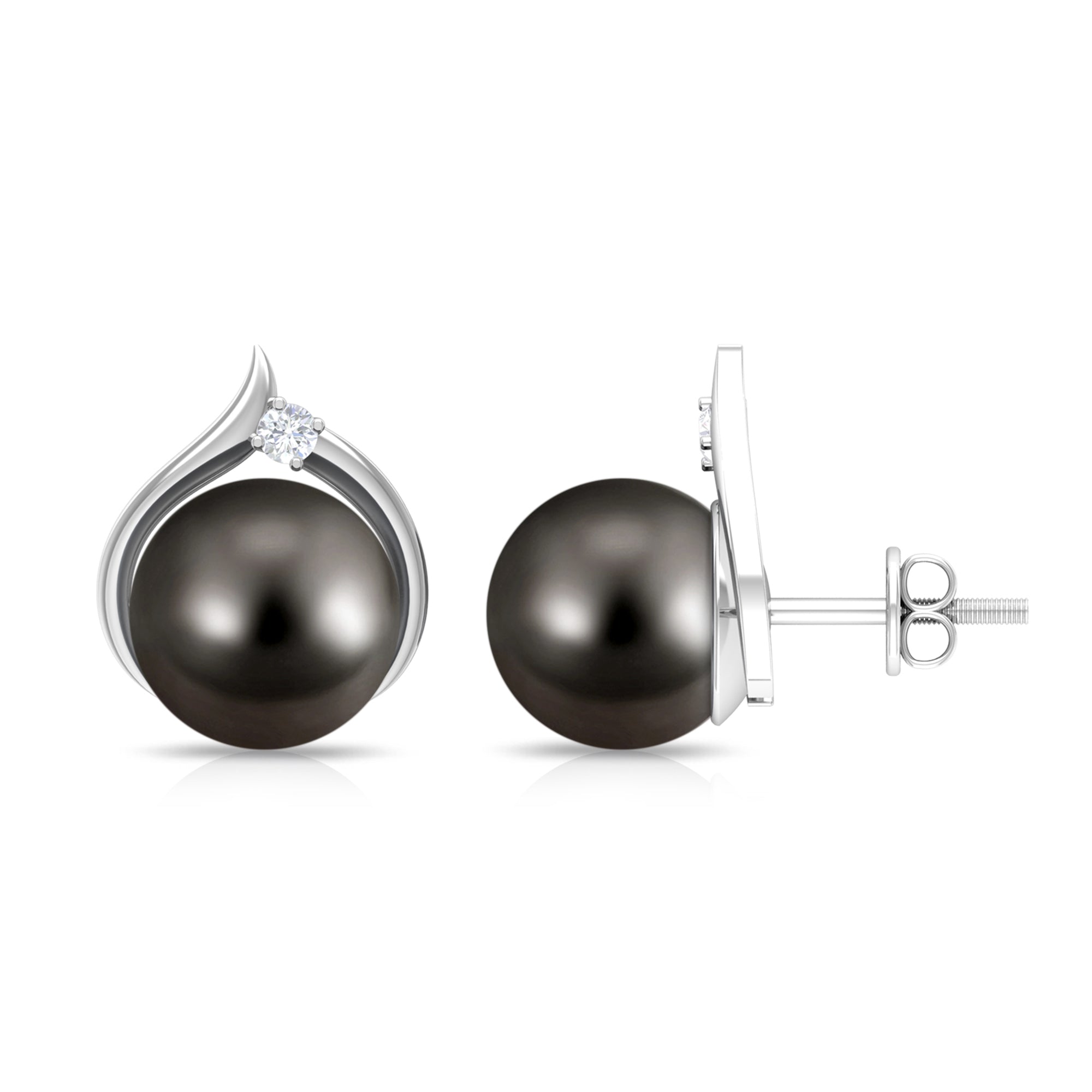 Elegant Black Pearl Solitaire Stud Earrings with Diamond Tahitian pearl - ( AAA ) - Quality - Rosec Jewels