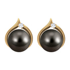 Elegant Black Pearl Solitaire Stud Earrings with Diamond Tahitian pearl - ( AAA ) - Quality - Rosec Jewels