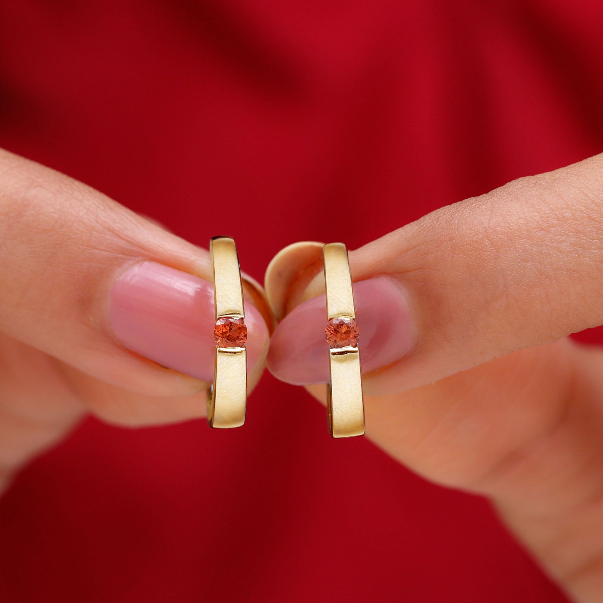 Minimal Orange Sapphire Hinged Hoop Earrings in Tension Mount Setting Orange Sapphire - ( AAA ) - Quality - Rosec Jewels