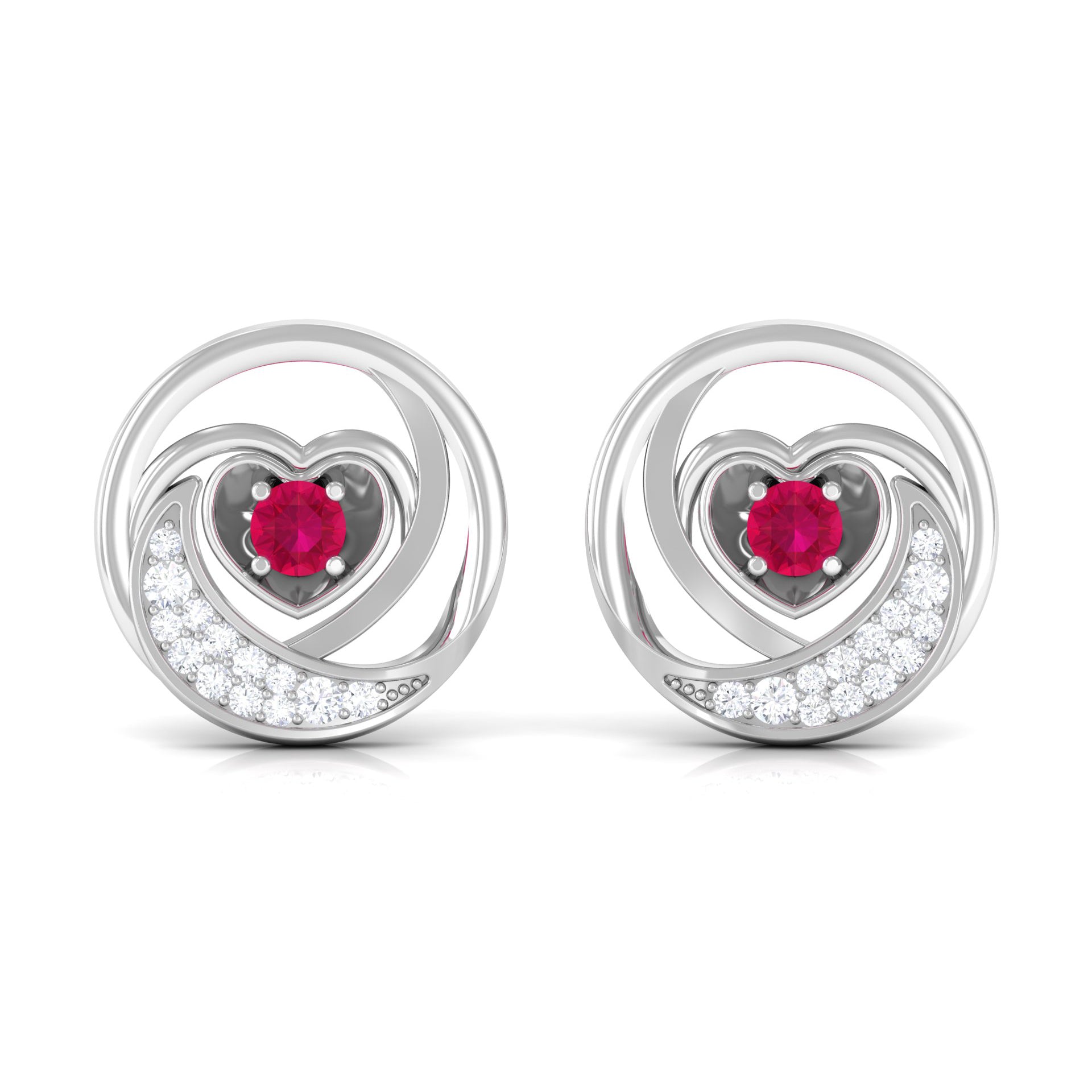 Genuine Ruby and Diamond Minimal Heart Stud Earrings Ruby - ( AAA ) - Quality - Rosec Jewels